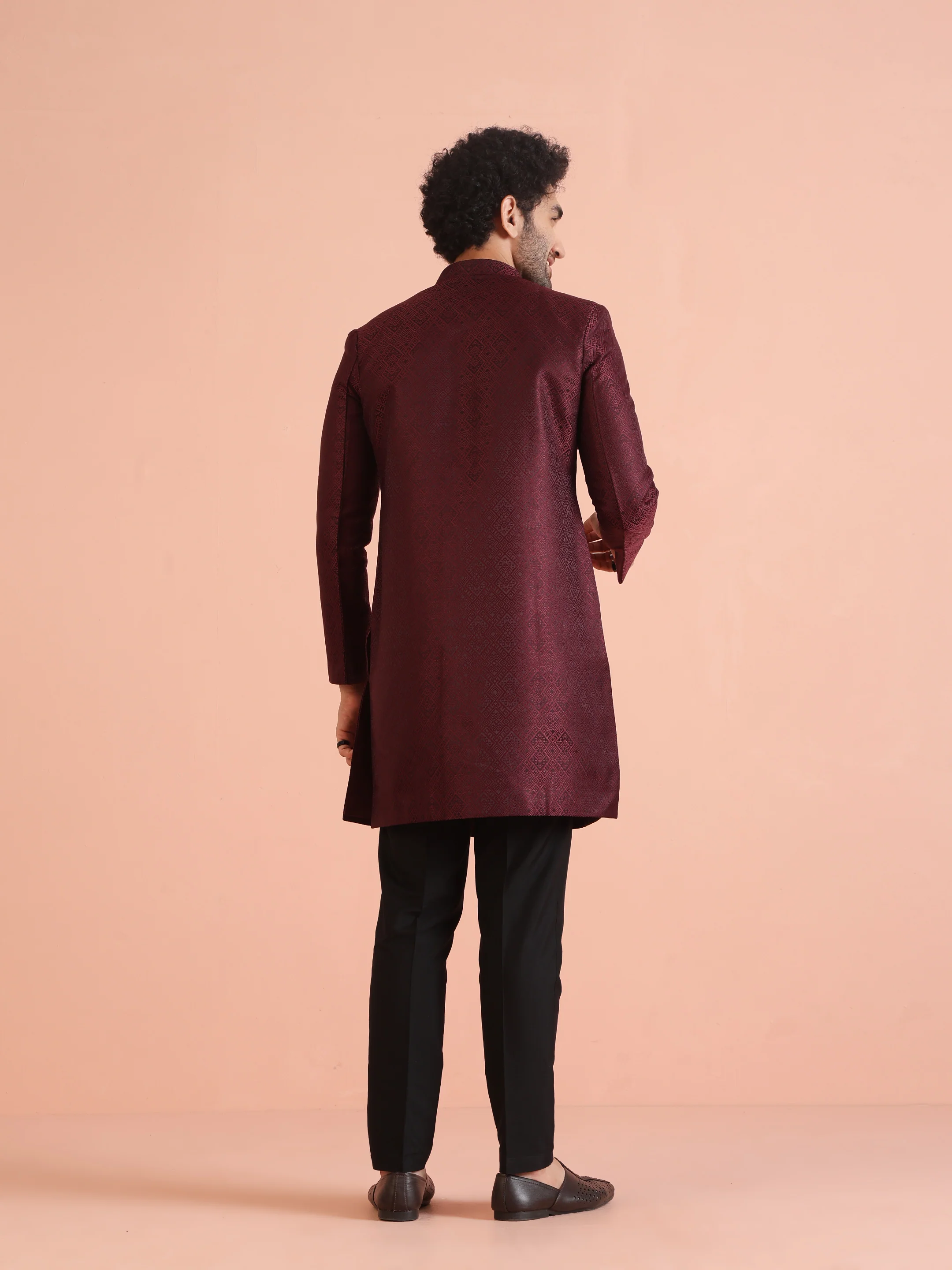 Maroon Textured Sherwani Trouser Set - Image 4