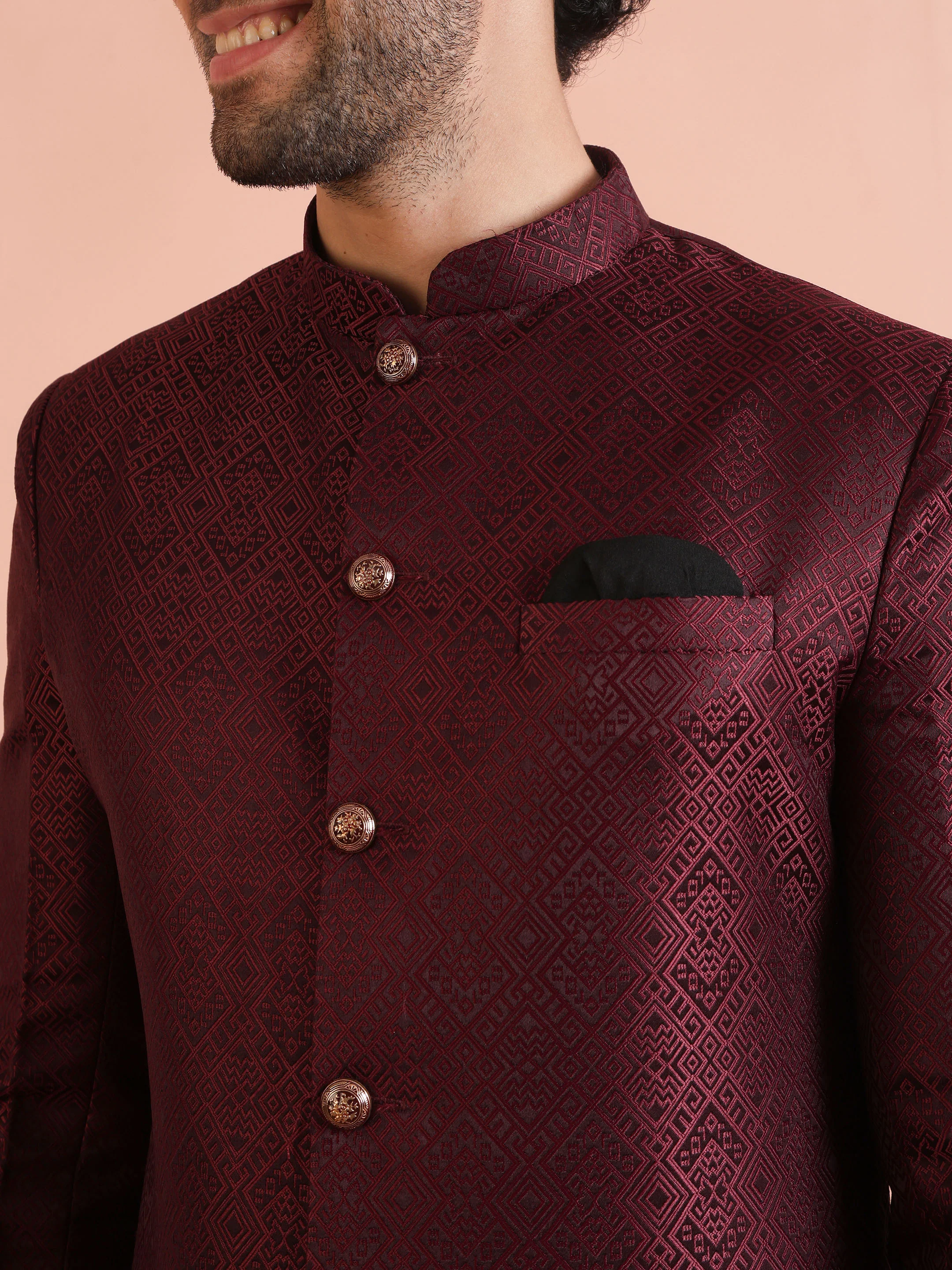 Maroon Textured Sherwani Trouser Set - Image 5
