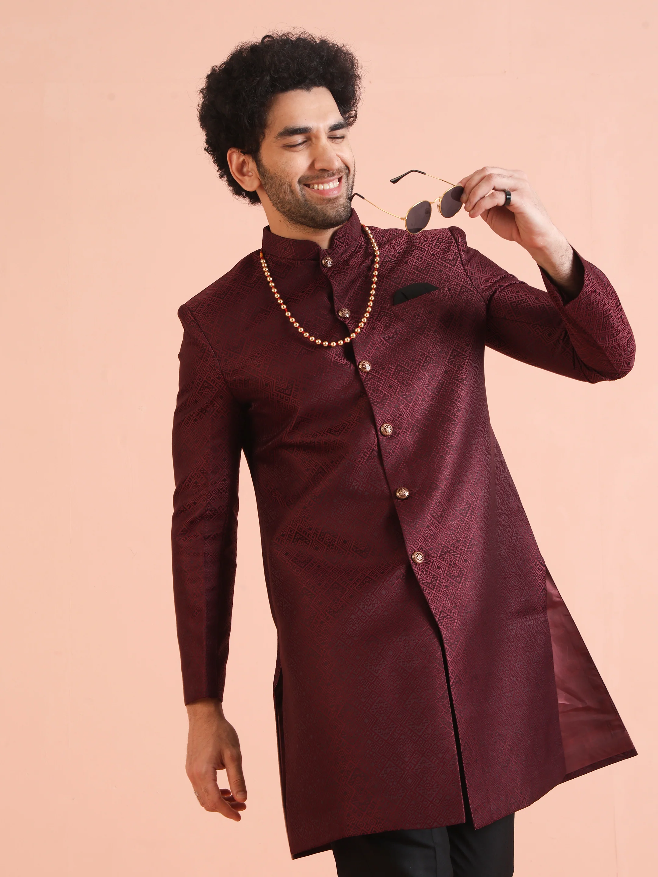 Maroon Textured Sherwani Trouser Set - Image 6