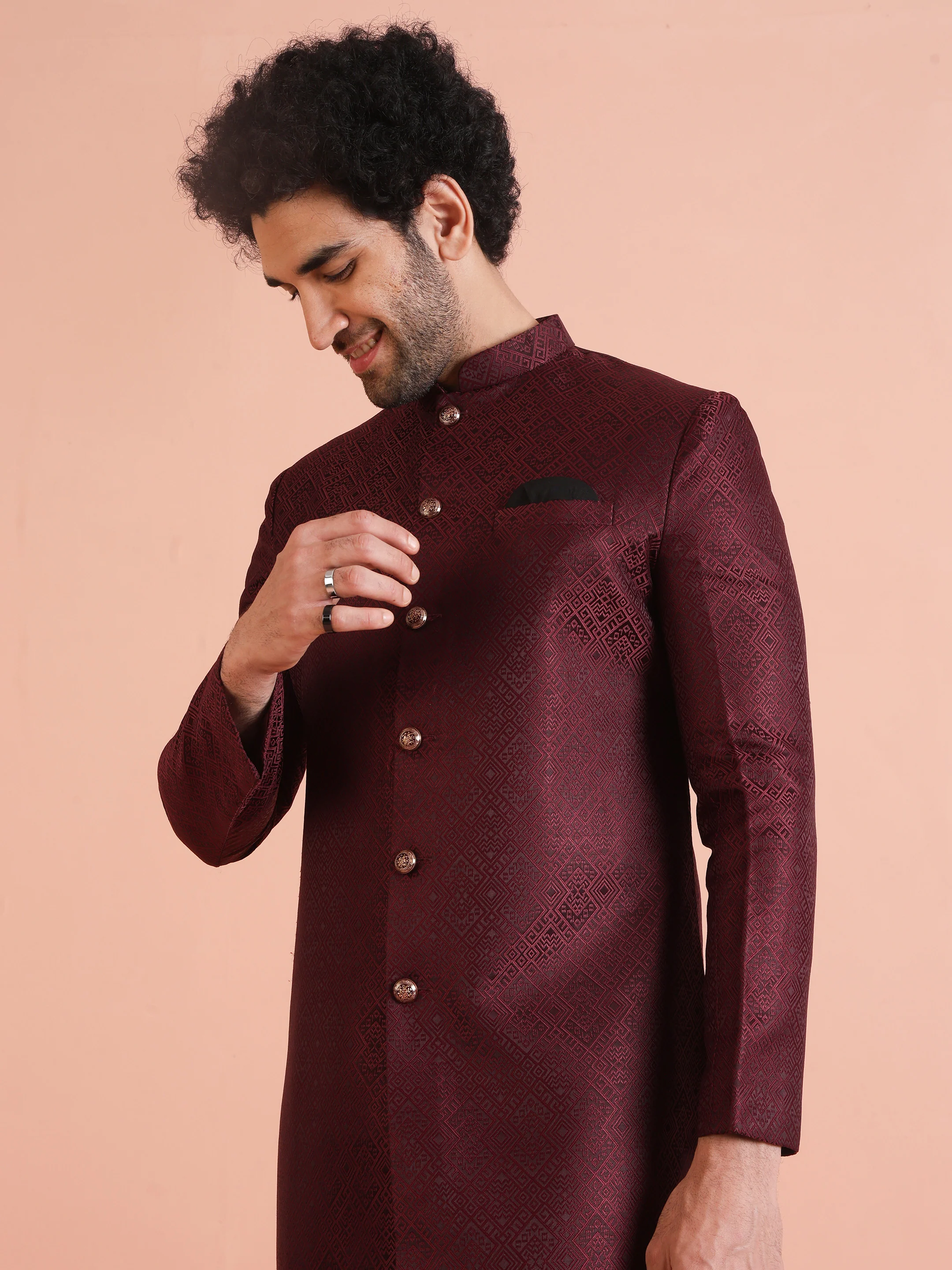 Maroon Textured Sherwani Trouser Set - Image 7