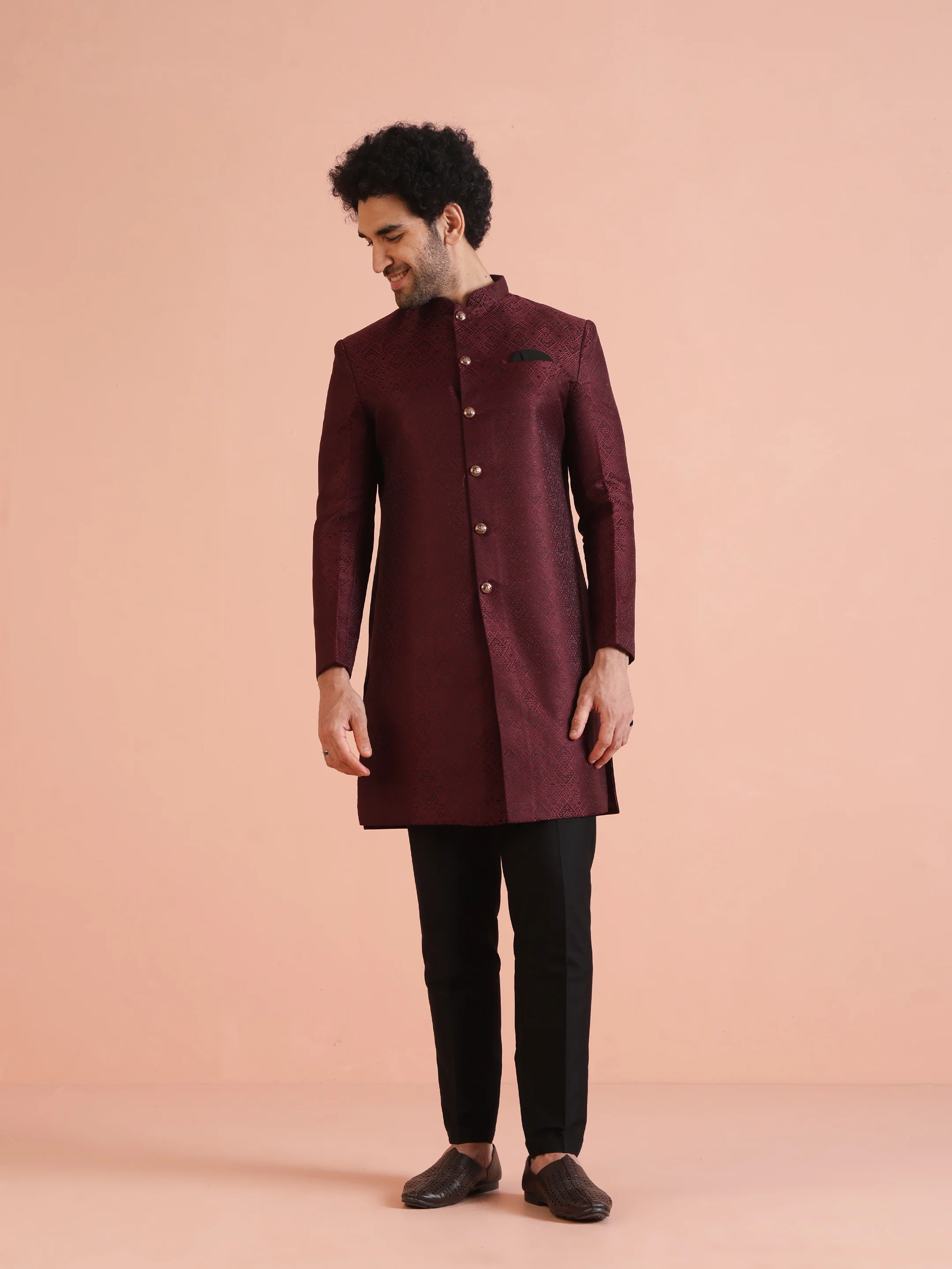 Maroon Textured Sherwani Trouser Set - Image 8