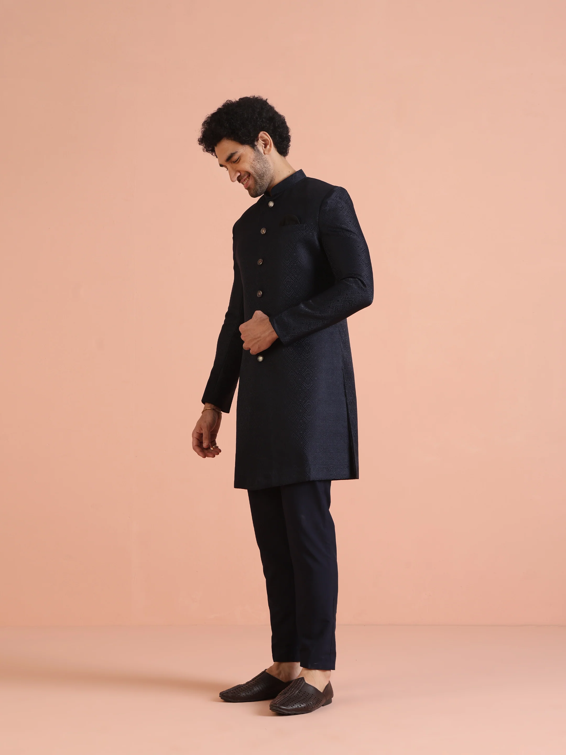 Navy Blue Textured Sherwani Trouser Set - Image 3