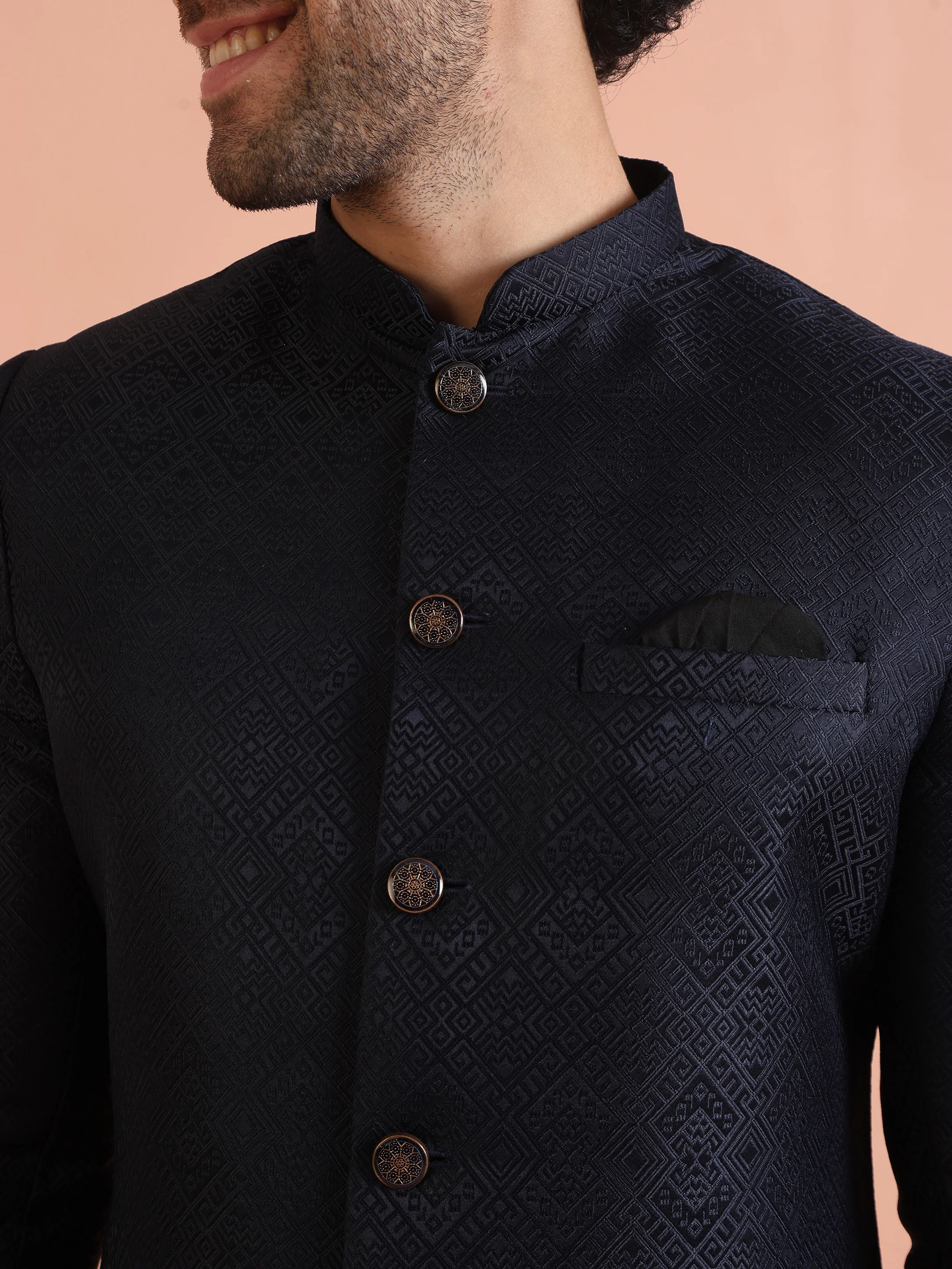 Navy Blue Textured Sherwani Trouser Set - Image 6