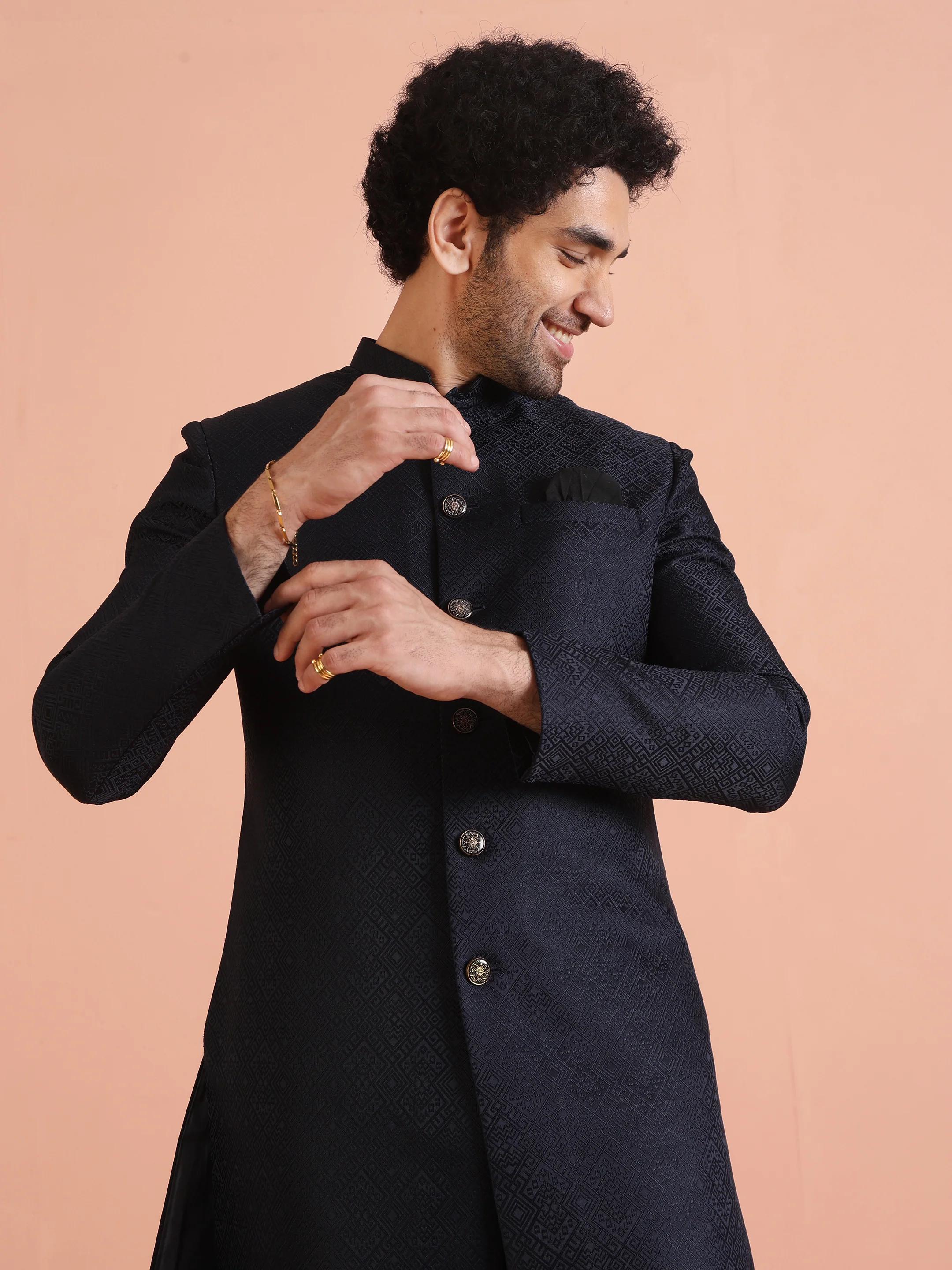 Navy Blue Textured Sherwani Trouser Set - Image 8