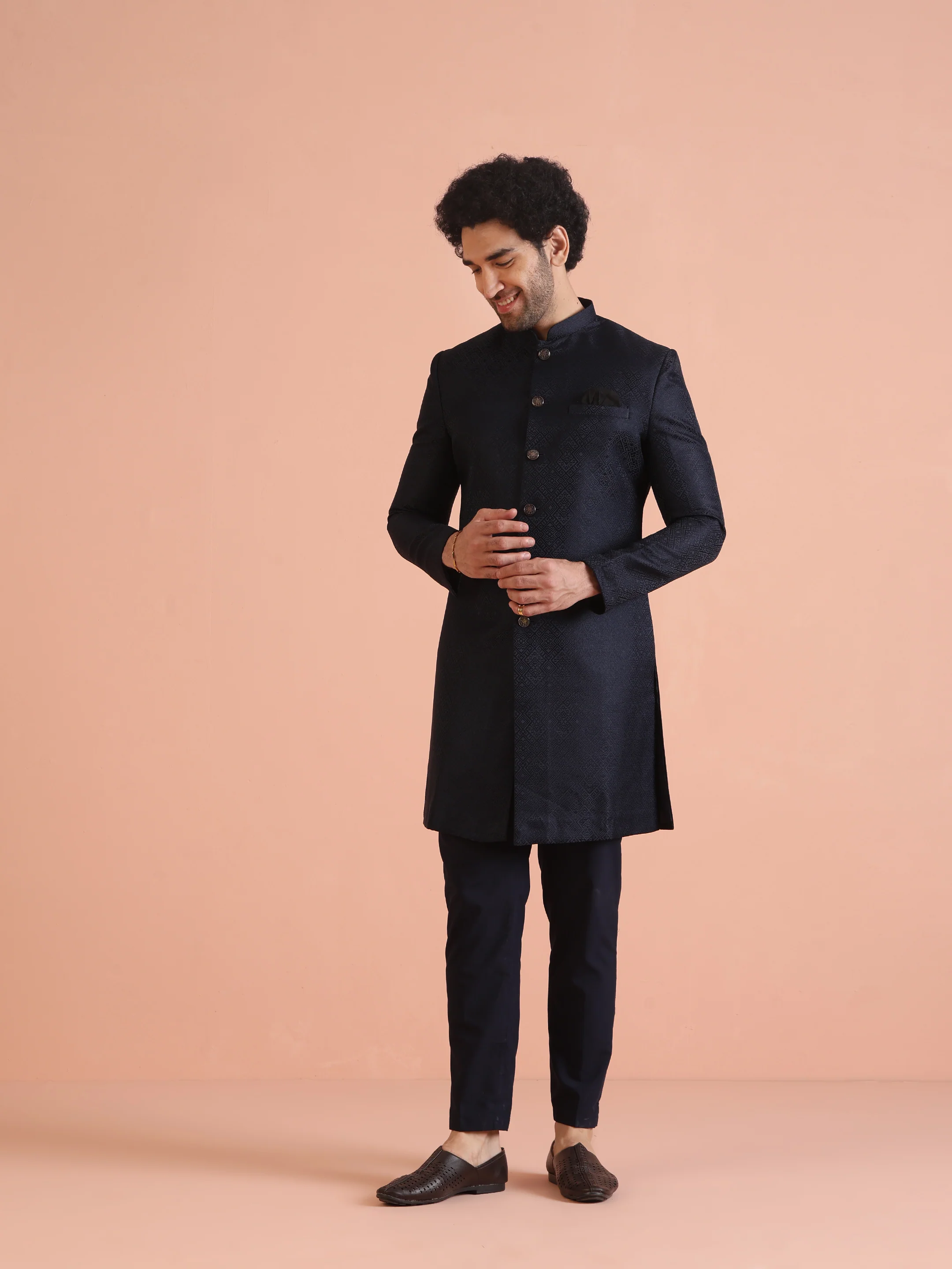 Navy Blue Textured Sherwani Trouser Set - Image 9