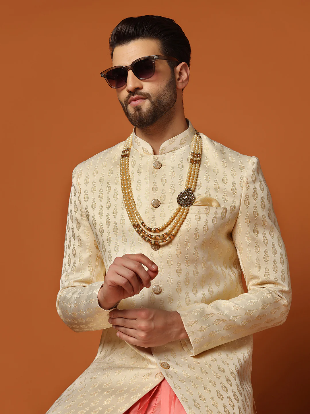 Men's Cream Indowestern Set With Dhoti - Image 5