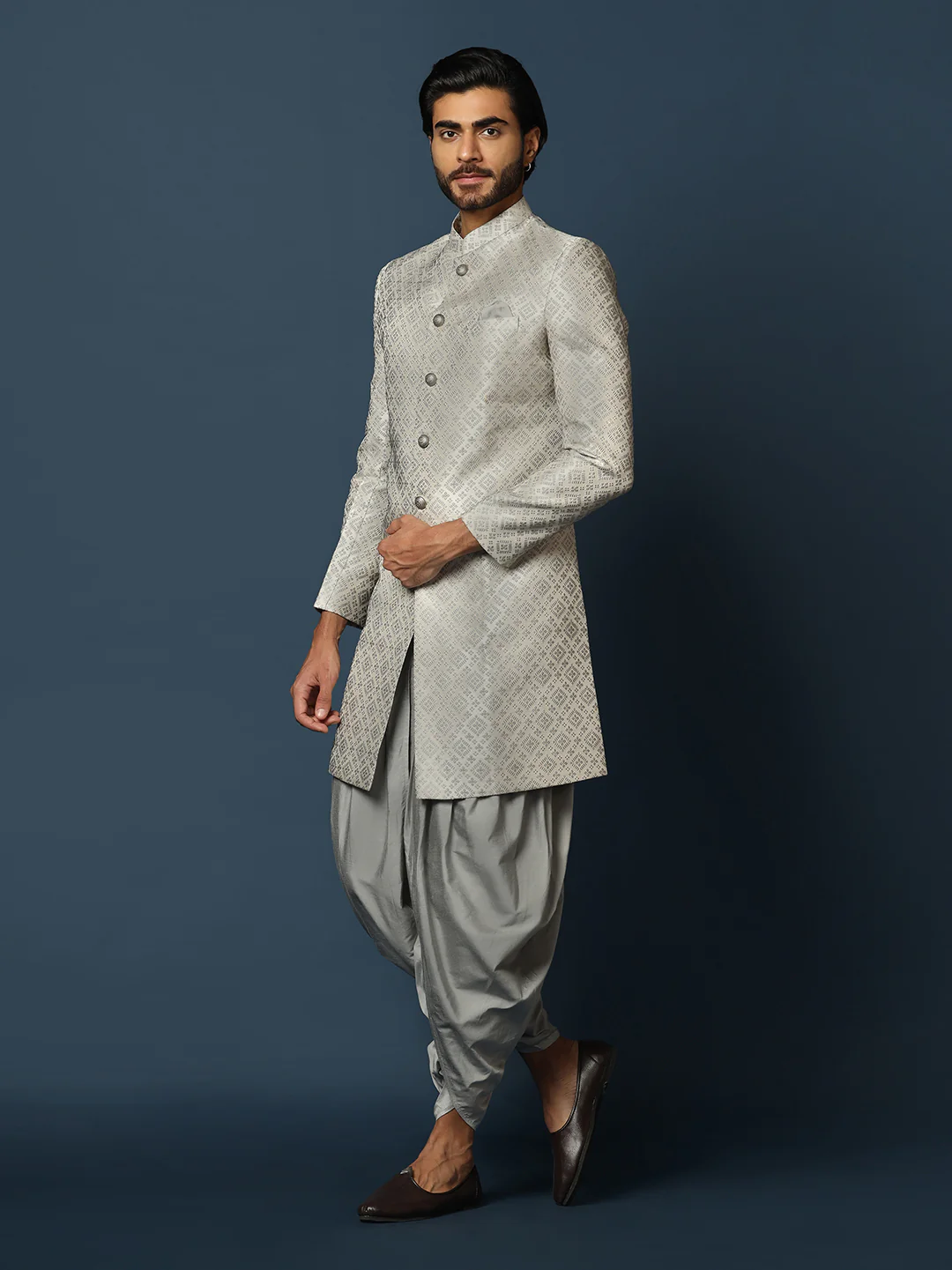 Grey Silk Blend Geometric Indowestern Sherwani with Dhoti - Image 2