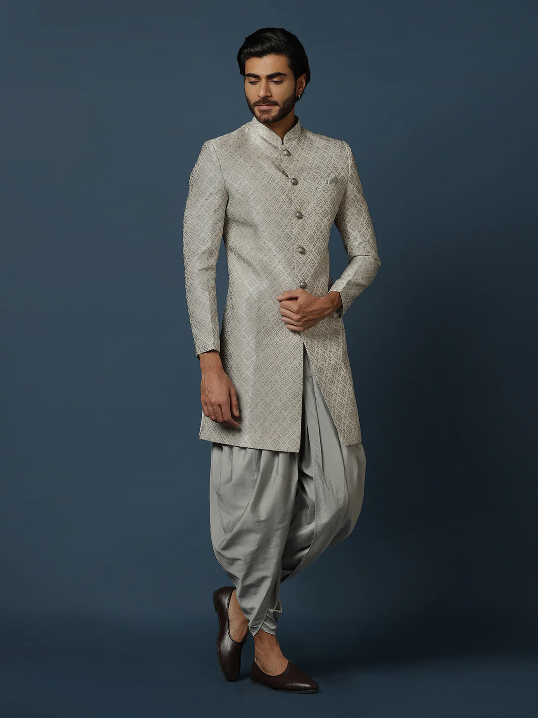 Grey Silk Blend Geometric Indowestern Sherwani with Dhoti - Image 3