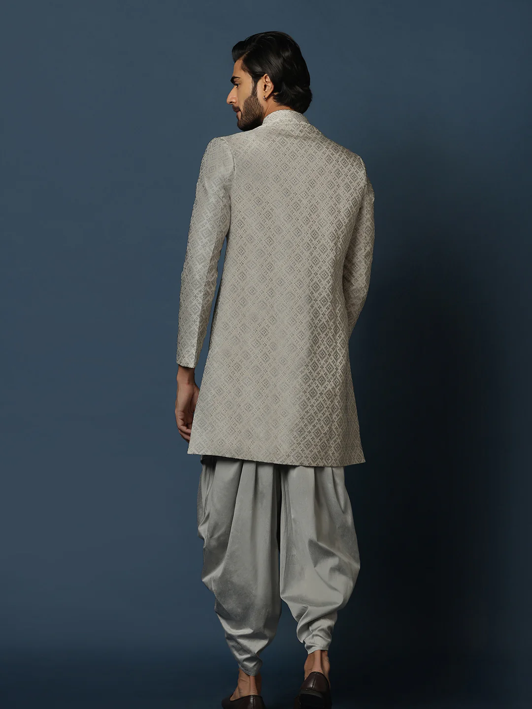 Grey Silk Blend Geometric Indowestern Sherwani with Dhoti - Image 4