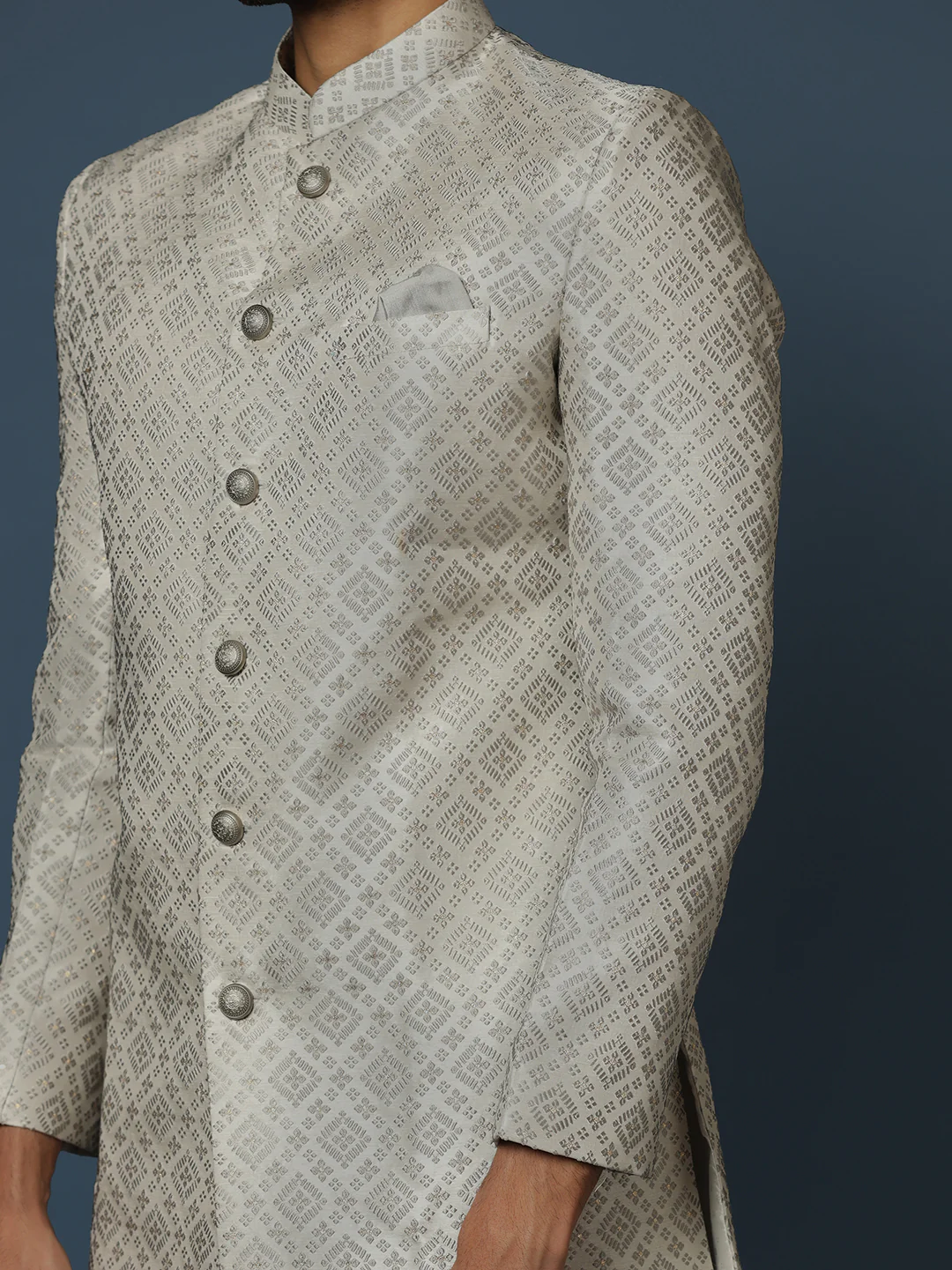 Grey Silk Blend Geometric Indowestern Sherwani with Dhoti - Image 5