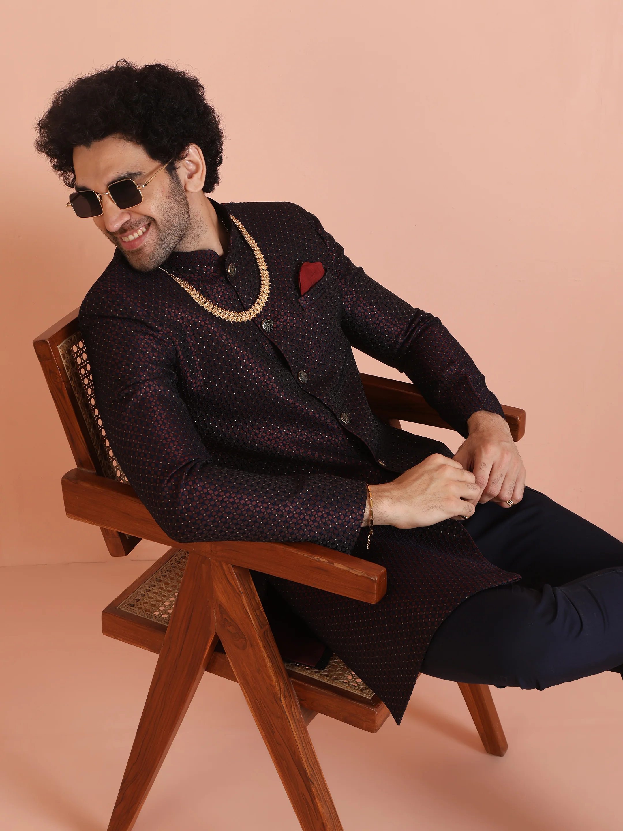 Maroon Black Textured Sherwani Trouser Set - Image 7