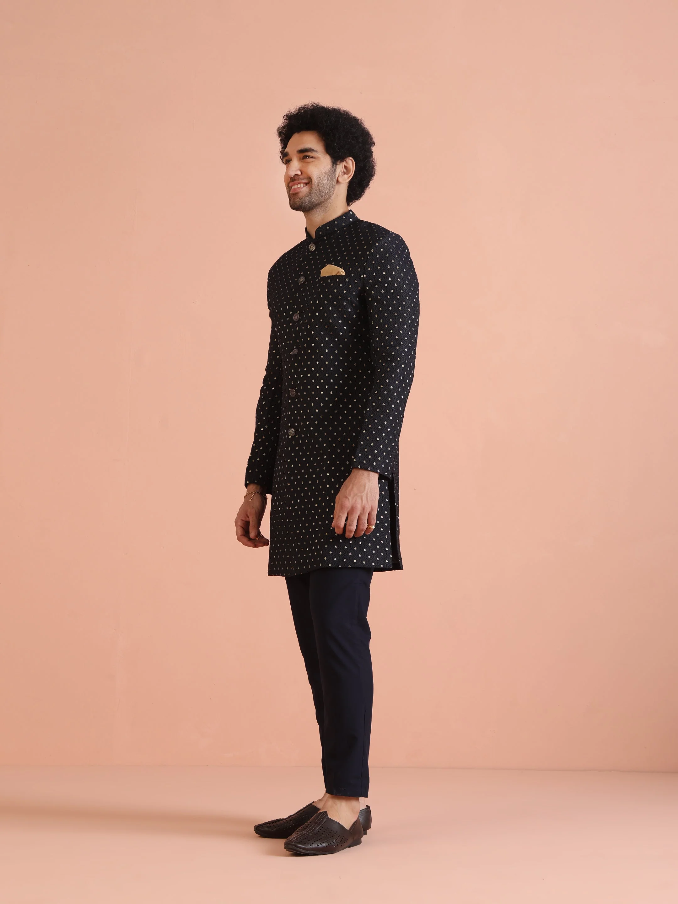 Men Navy Blue Embellished Indowestern Trouser Set - Image 10