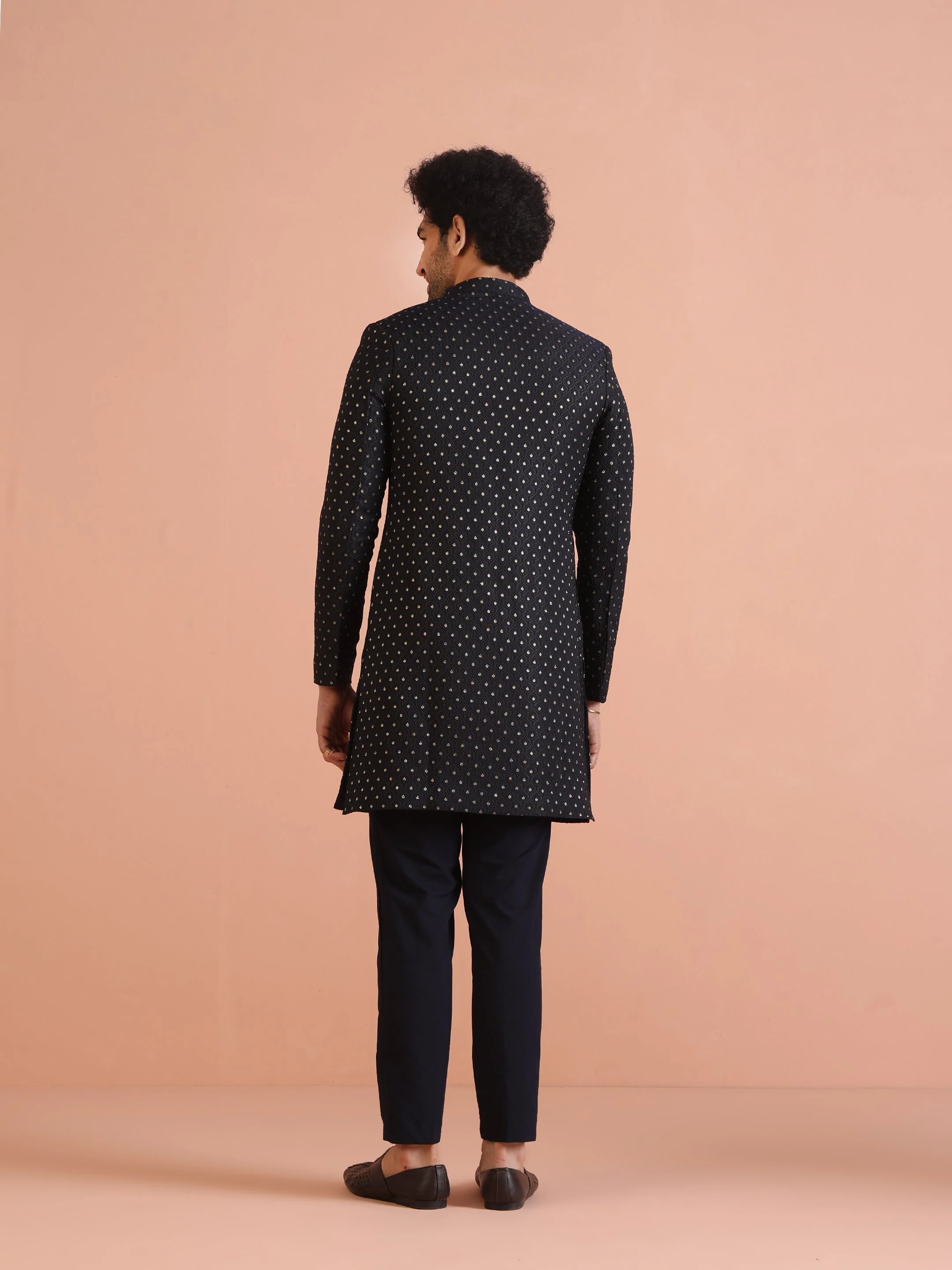 Men Navy Blue Embellished Indowestern Trouser Set - Image 19