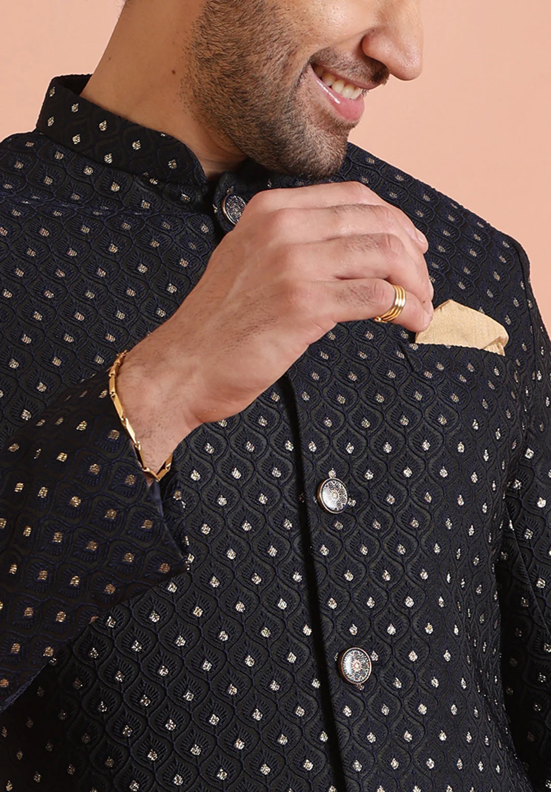 Men Navy Blue Embellished Indowestern Trouser Set - Image 20
