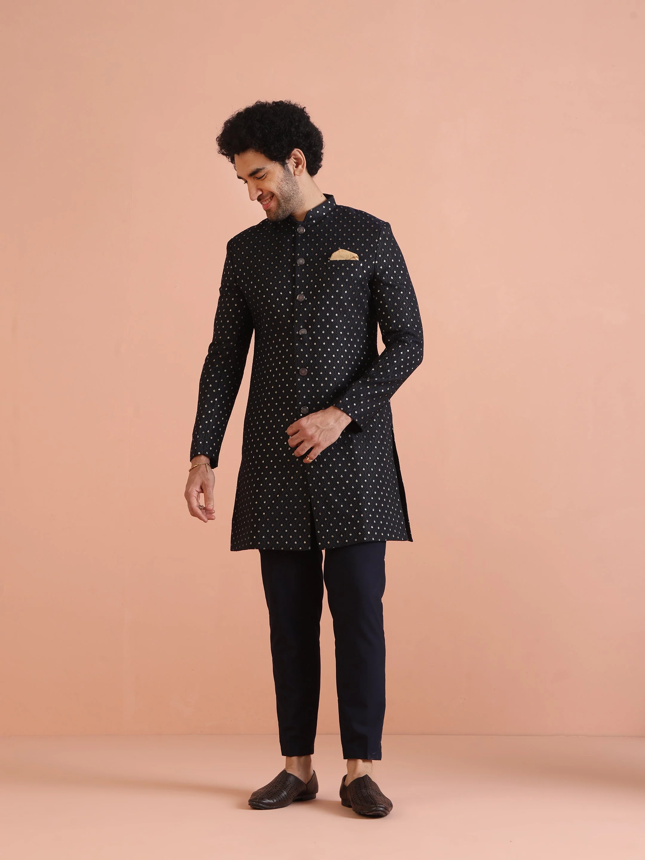 Men Navy Blue Embellished Indowestern Trouser Set - Image 22