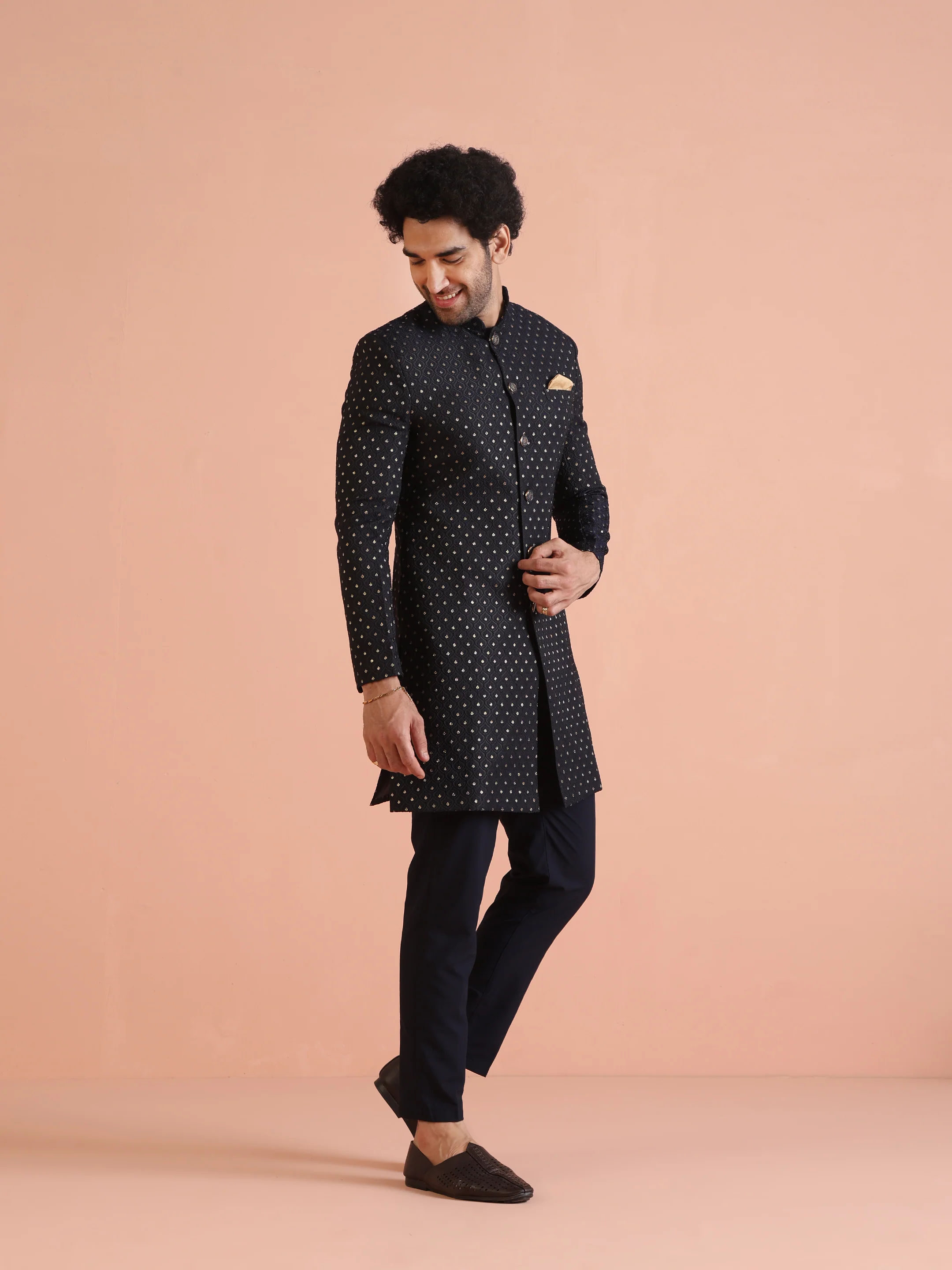 Men Navy Blue Embellished Indowestern Trouser Set - Image 3