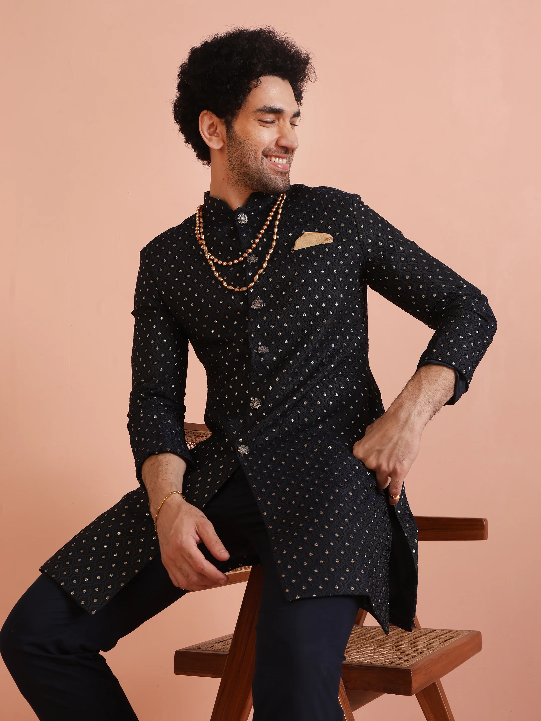 Men Navy Blue Embellished Indowestern Trouser Set - Image 7