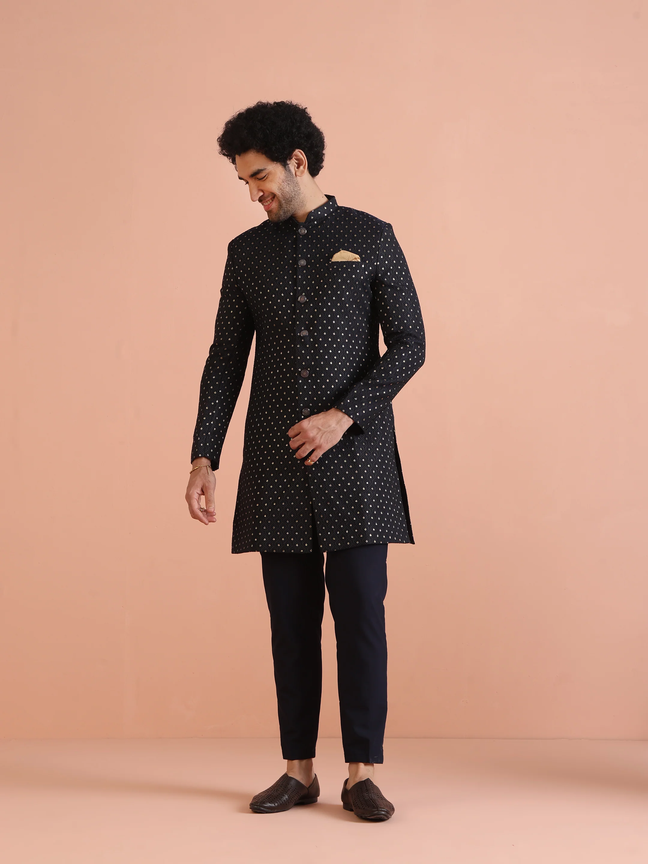 Men Navy Blue Embellished Indowestern Trouser Set - Image 8