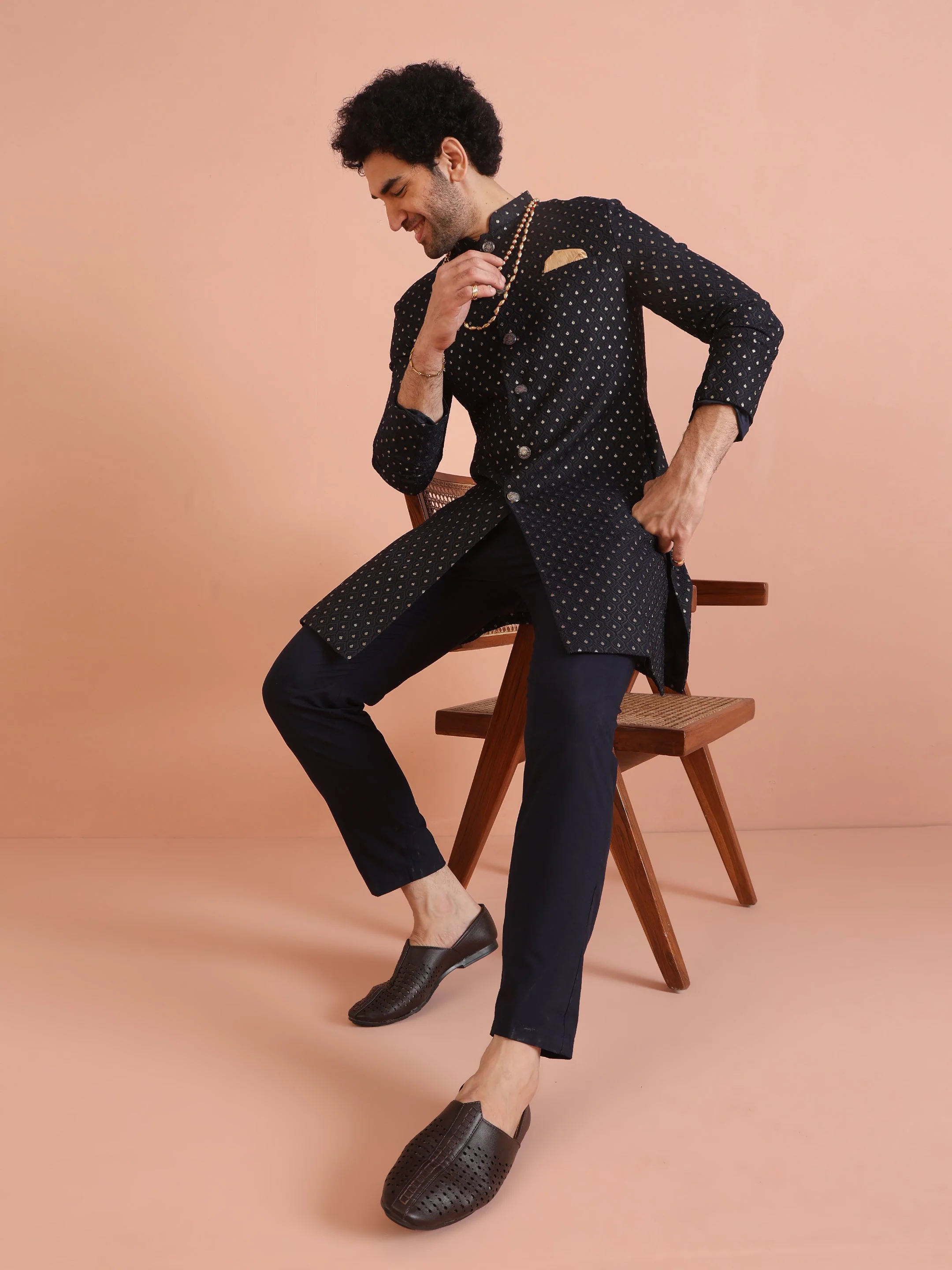 Men Navy Blue Embellished Indowestern Trouser Set - Image 9