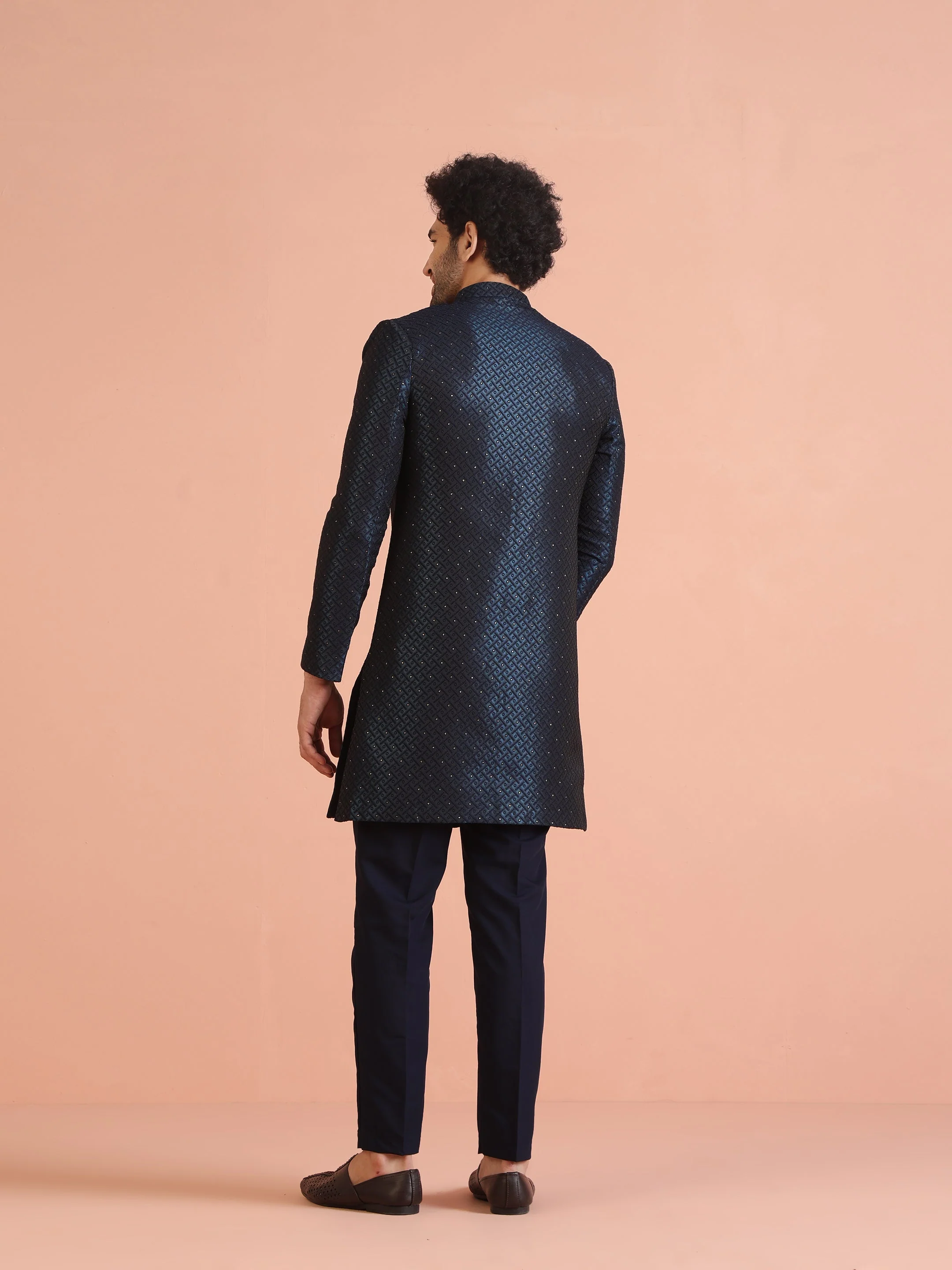Navy Blue Textured Sherwani Trouser Set - Image 14