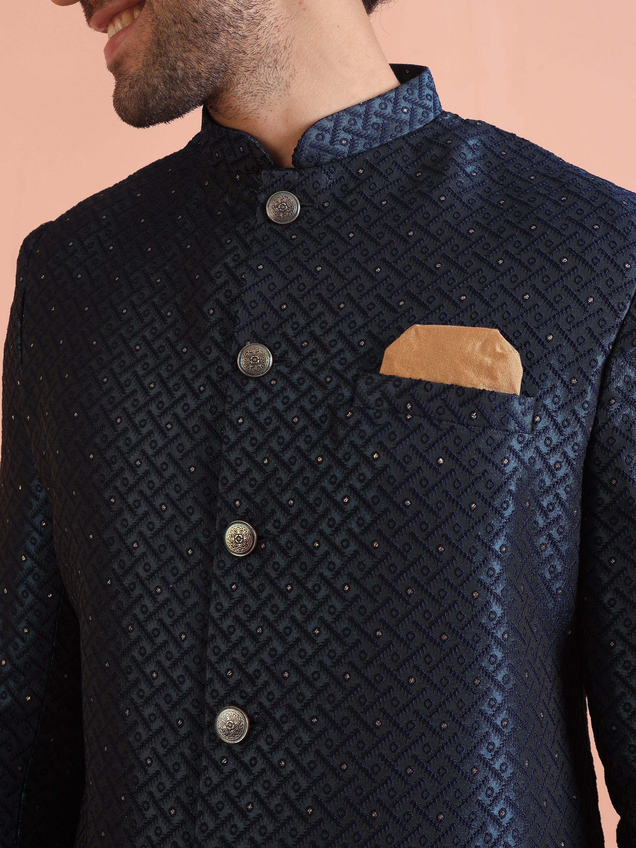 Navy Blue Textured Sherwani Trouser Set - Image 15