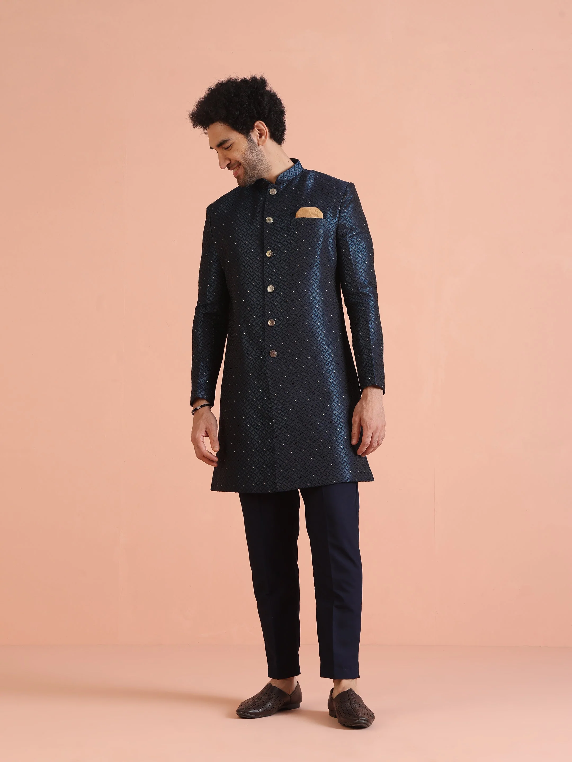 Navy Blue Textured Sherwani Trouser Set - Image 17