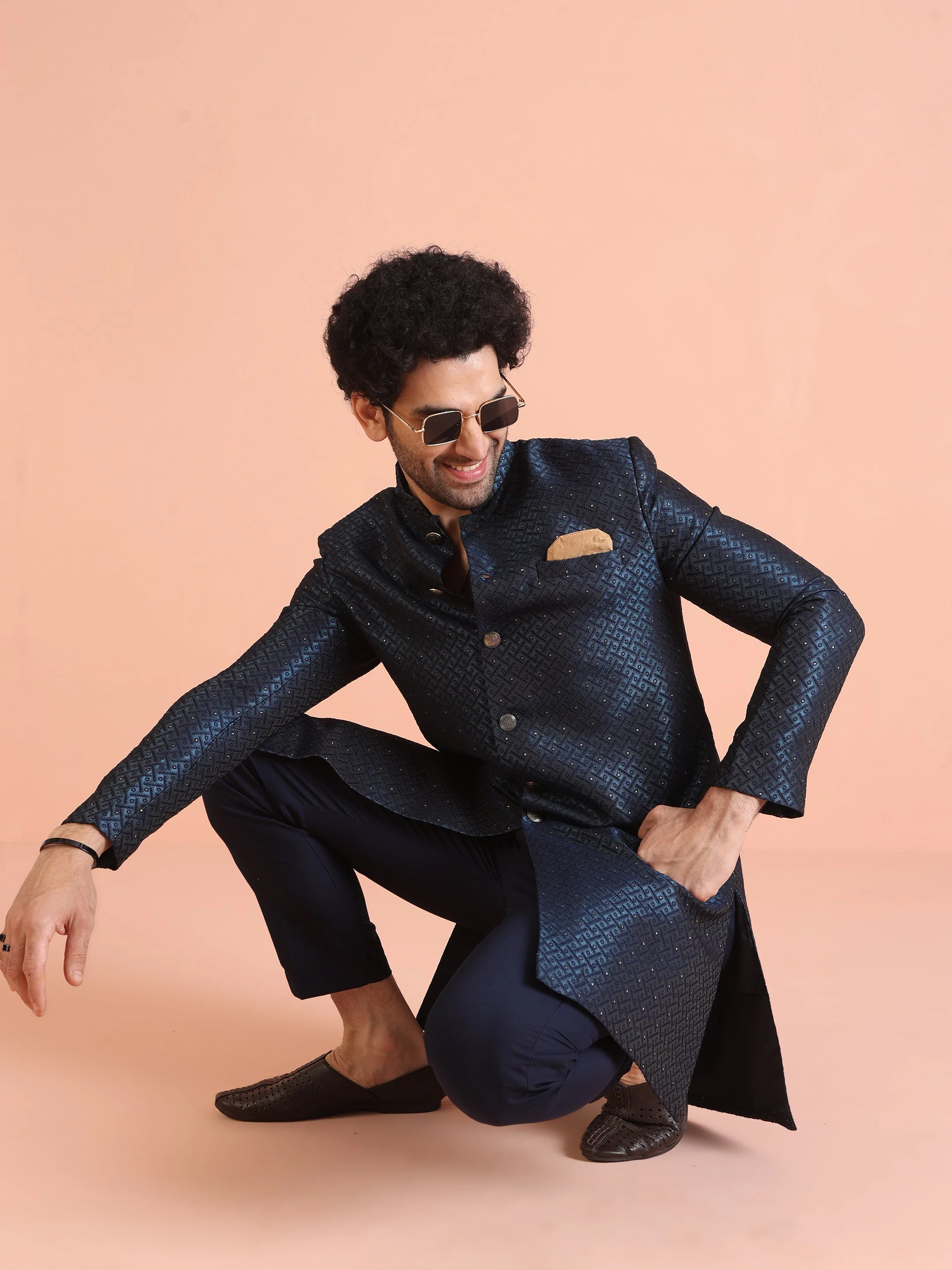 Navy Blue Textured Sherwani Trouser Set - Image 18