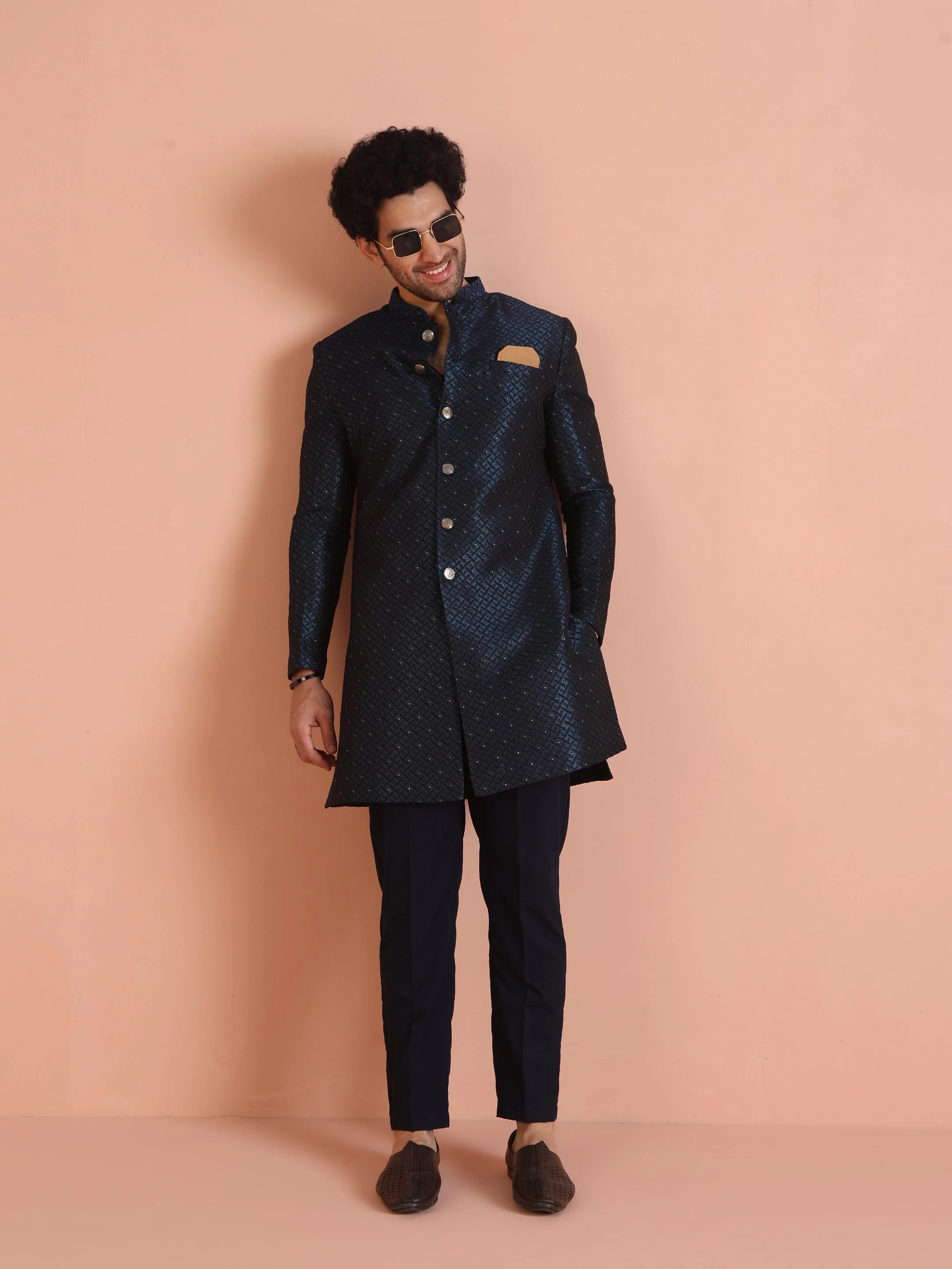 Navy Blue Textured Sherwani Trouser Set - Image 19