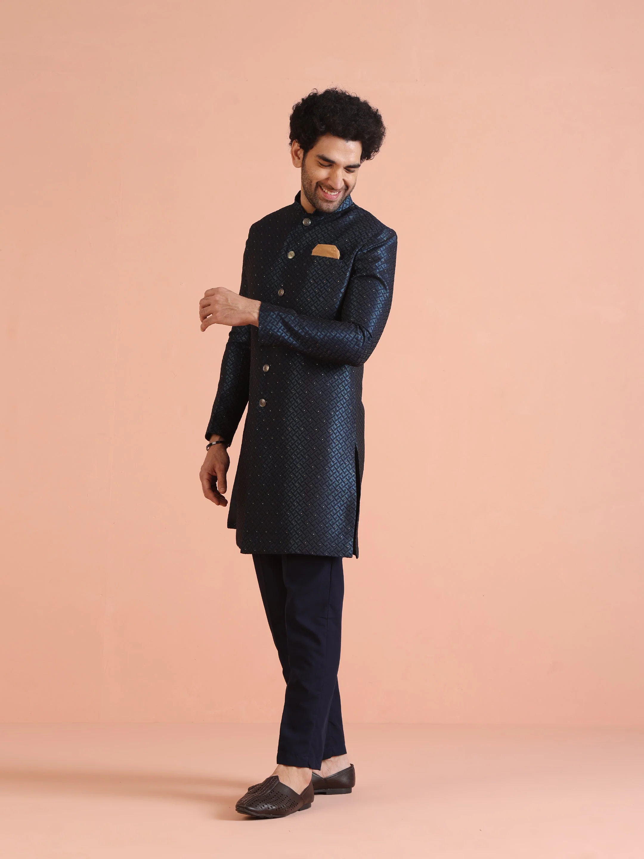 Navy Blue Textured Sherwani Trouser Set - Image 20