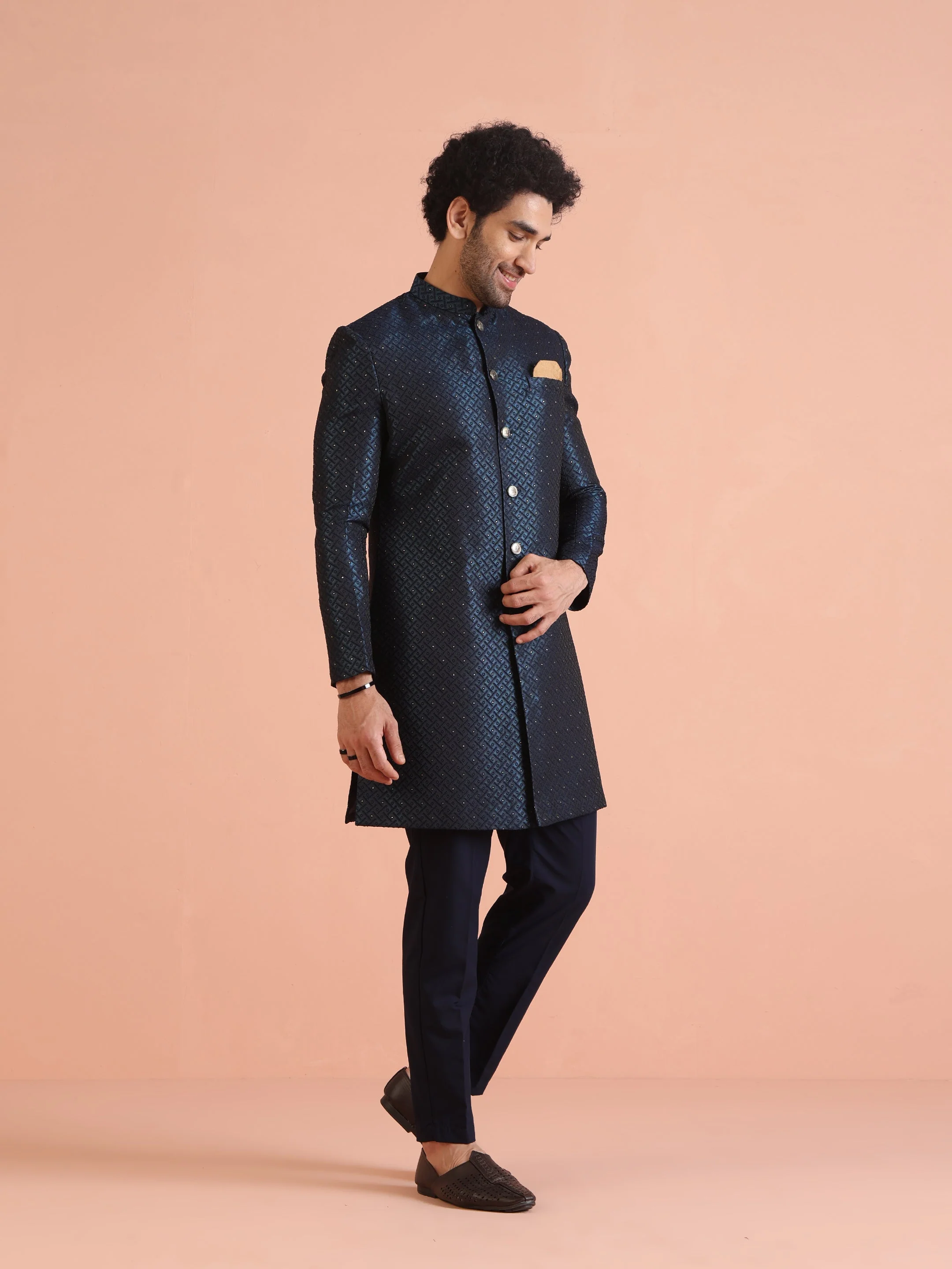 Navy Blue Textured Sherwani Trouser Set - Image 21