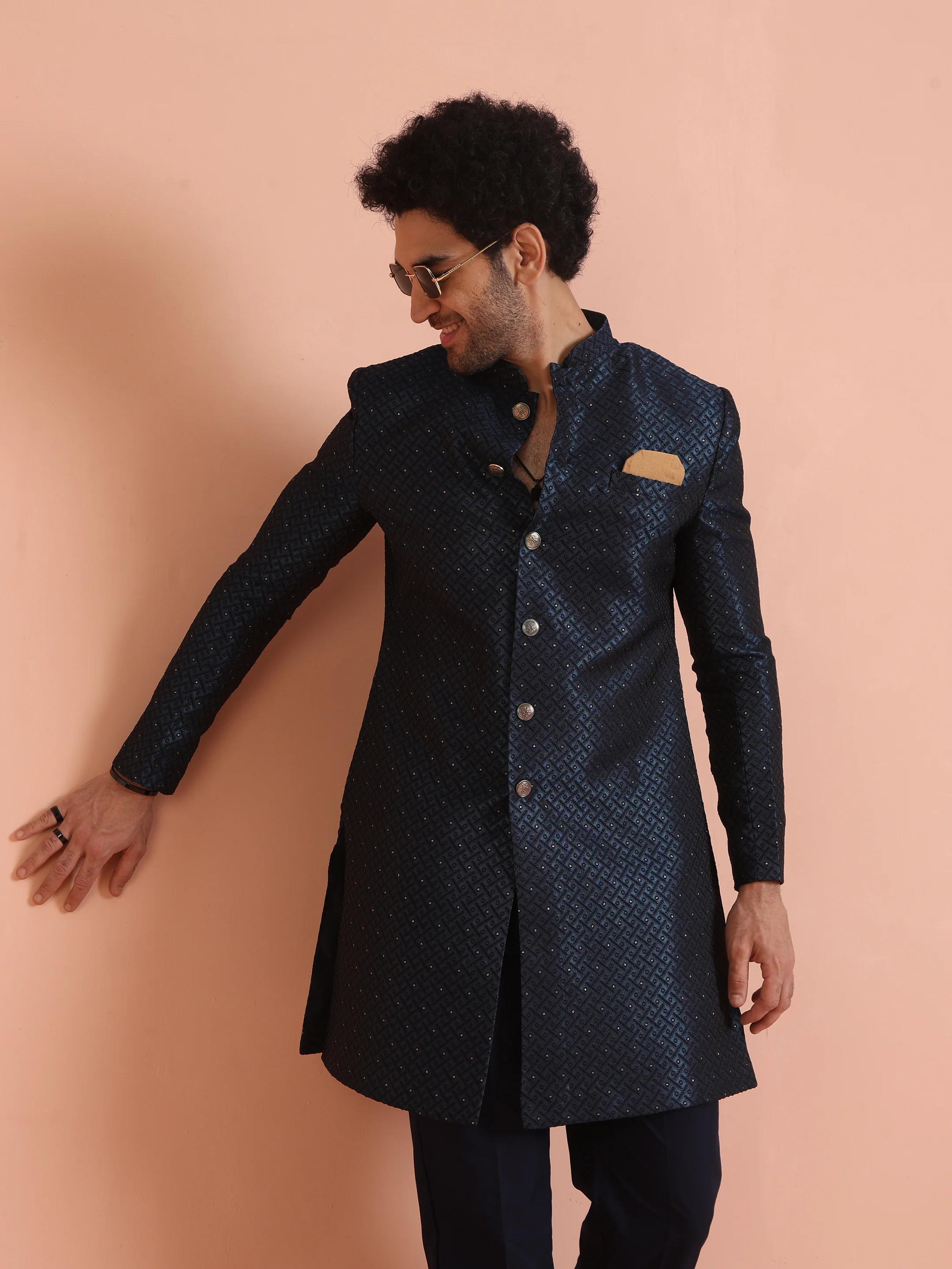 Navy Blue Textured Sherwani Trouser Set - Image 8