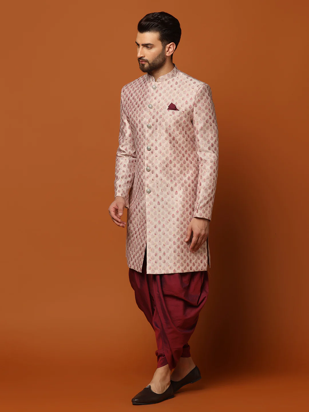 Cream Jacquard Indo-Western Sherwani with Dhoti - Image 2