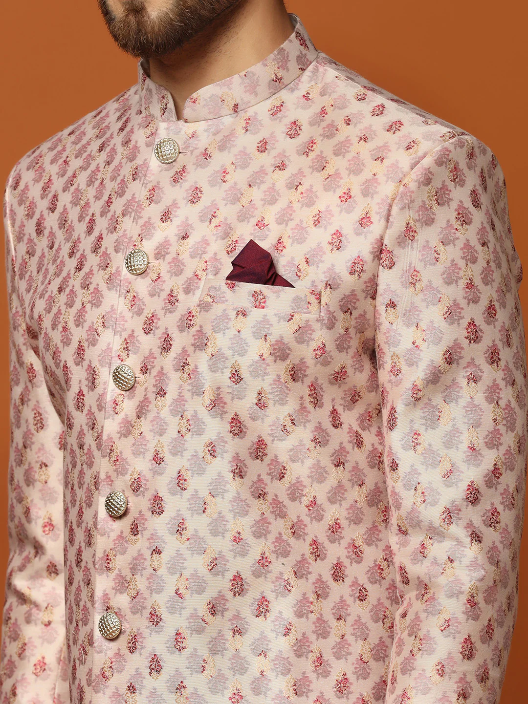 Cream Jacquard Indo-Western Sherwani with Dhoti - Image 5