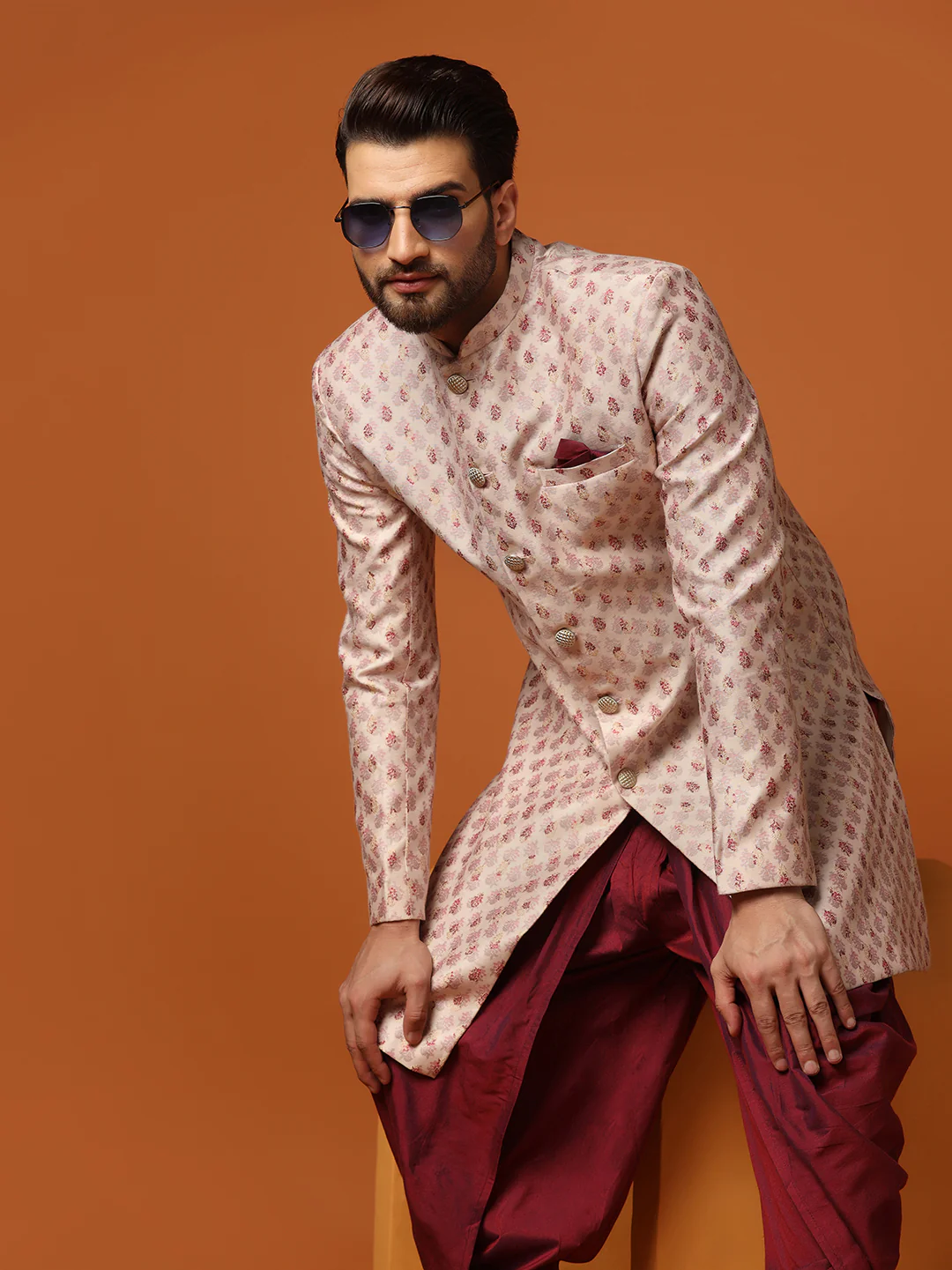 Cream Jacquard Indo-Western Sherwani with Dhoti - Image 7
