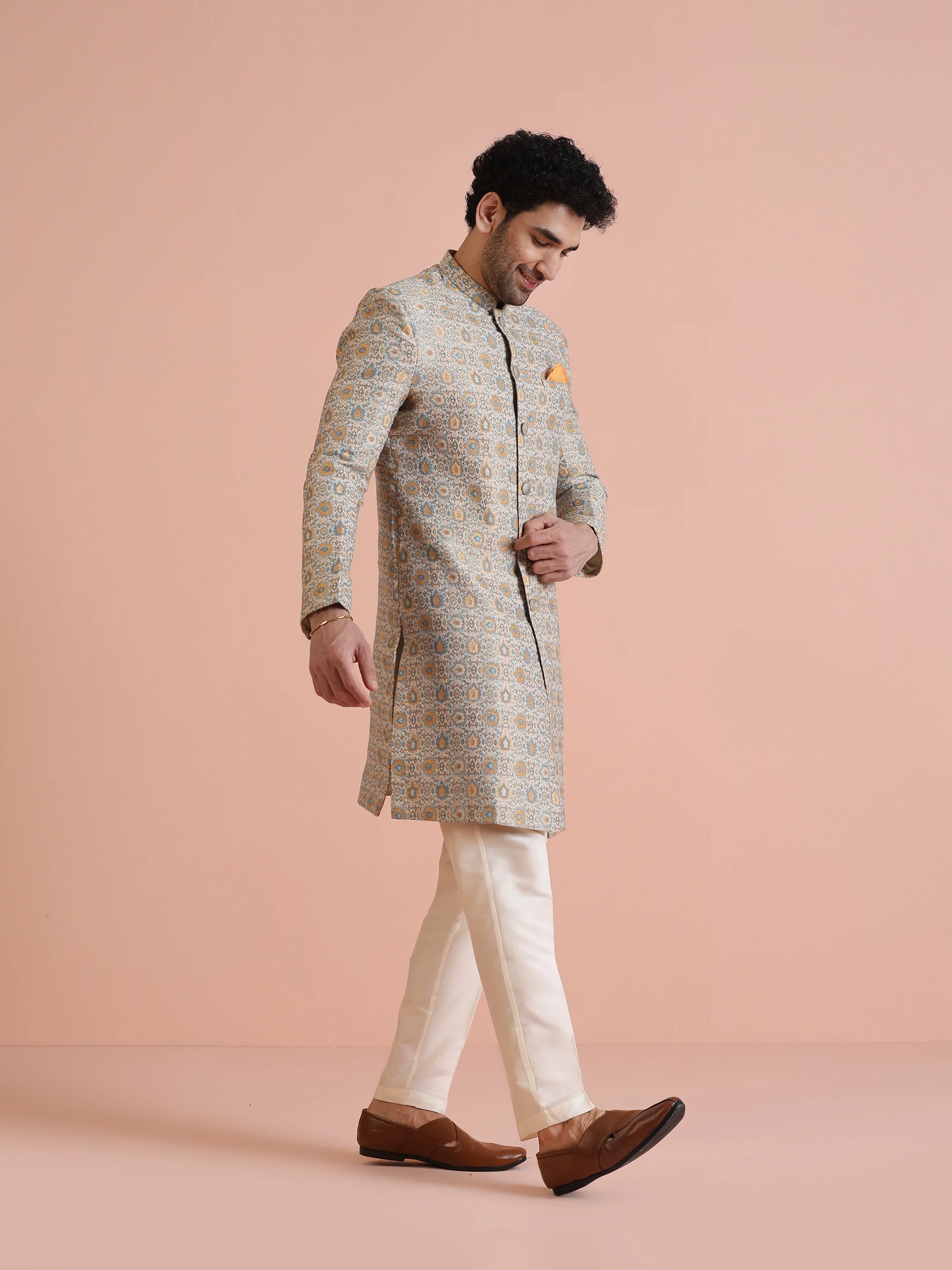 Men Multi Coloured Textured Indowestern Trouser Set - Image 2