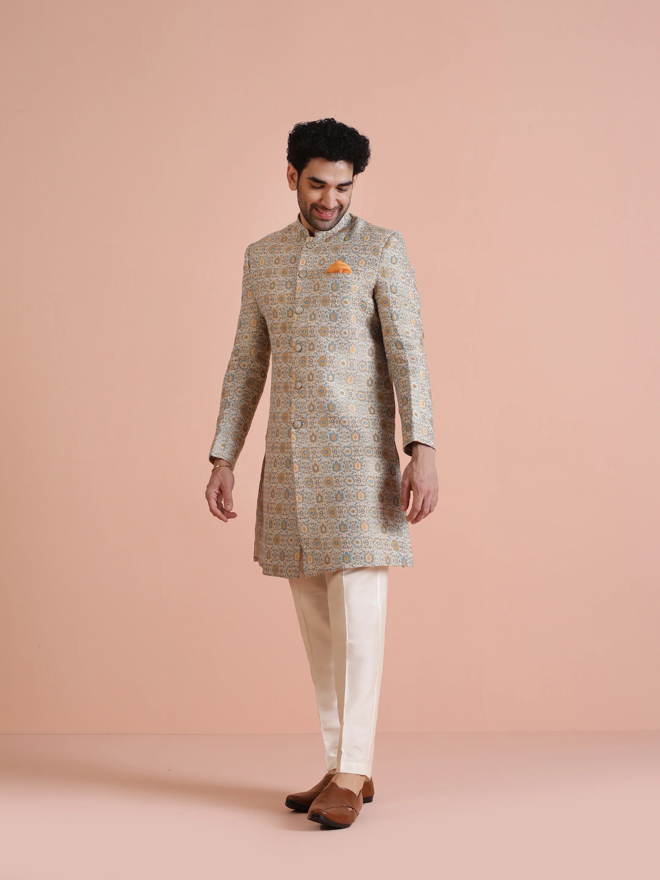 Men Multi Coloured Textured Indowestern Trouser Set - Image 3