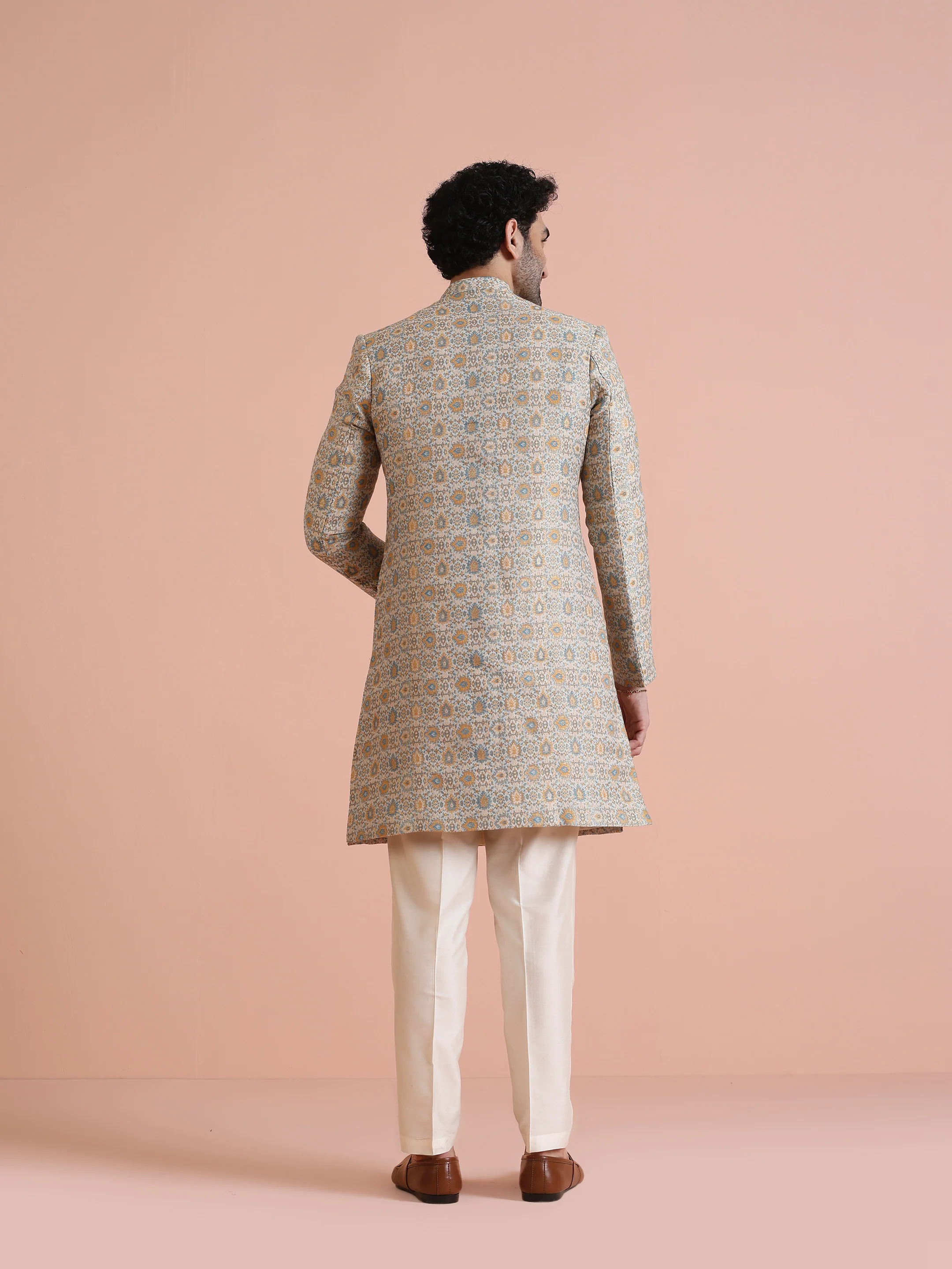 Men Multi Coloured Textured Indowestern Trouser Set - Image 4