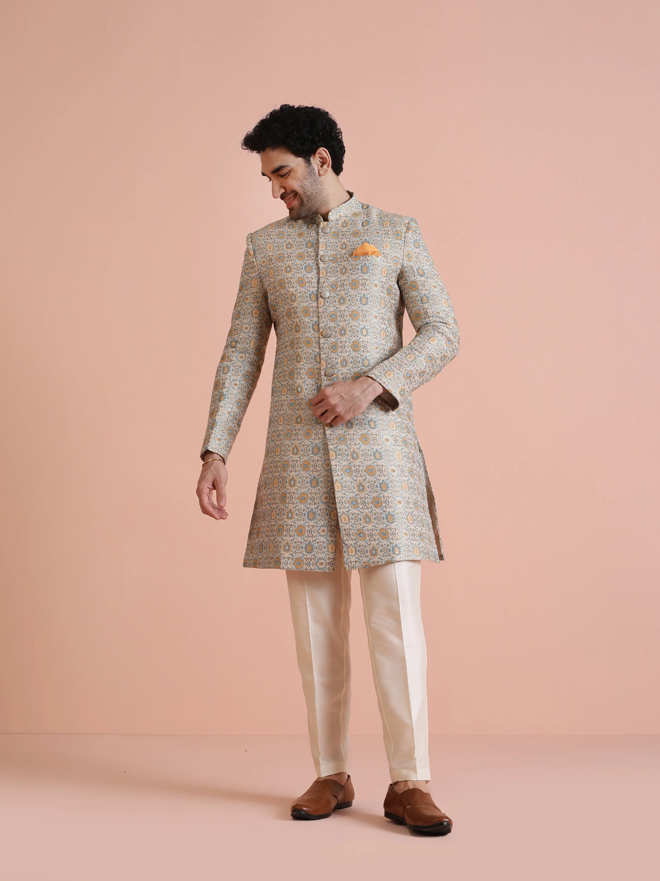 Men Multi Coloured Textured Indowestern Trouser Set - Image 8