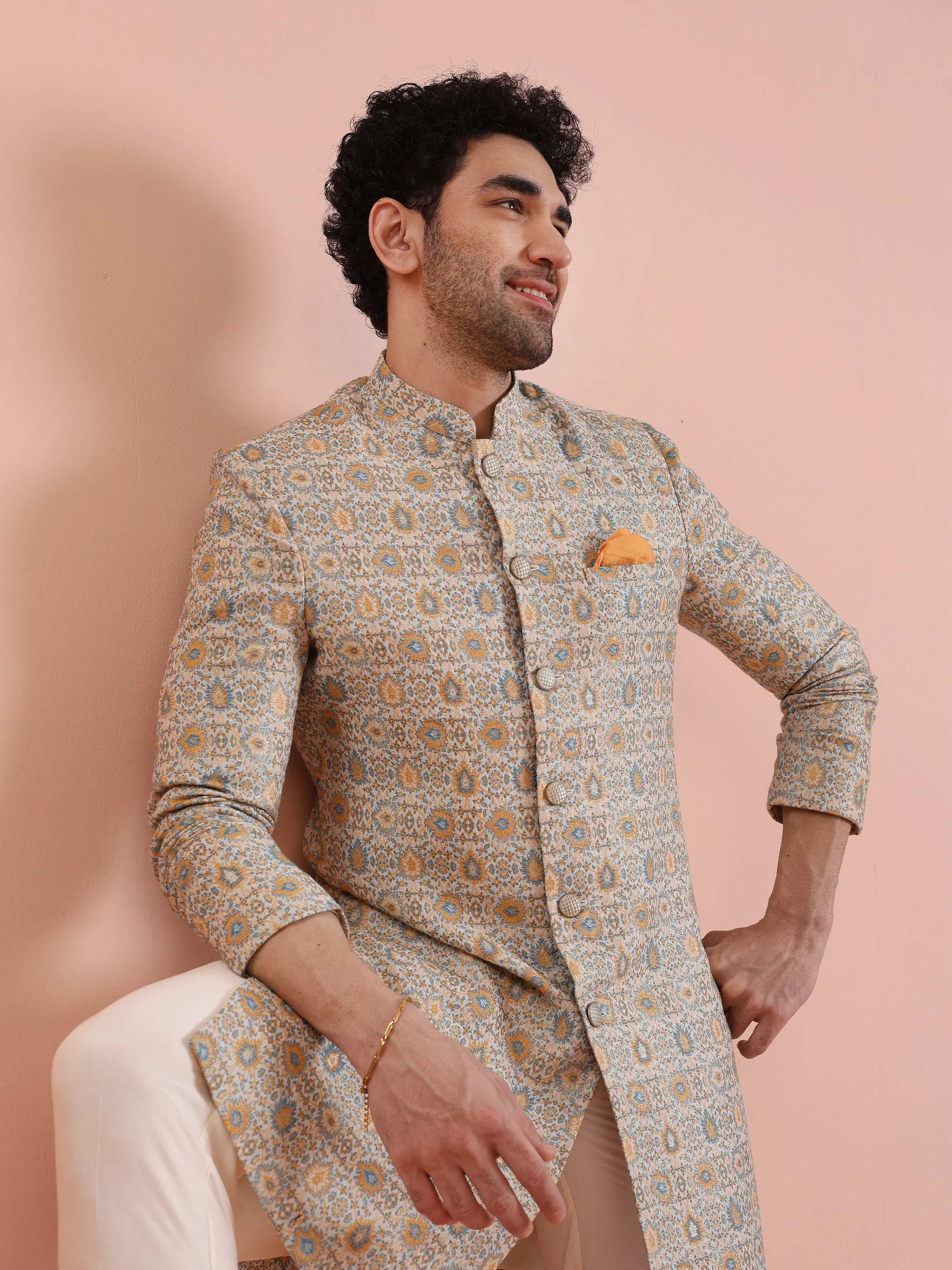 Men Multi Coloured Textured Indowestern Trouser Set - Image 9