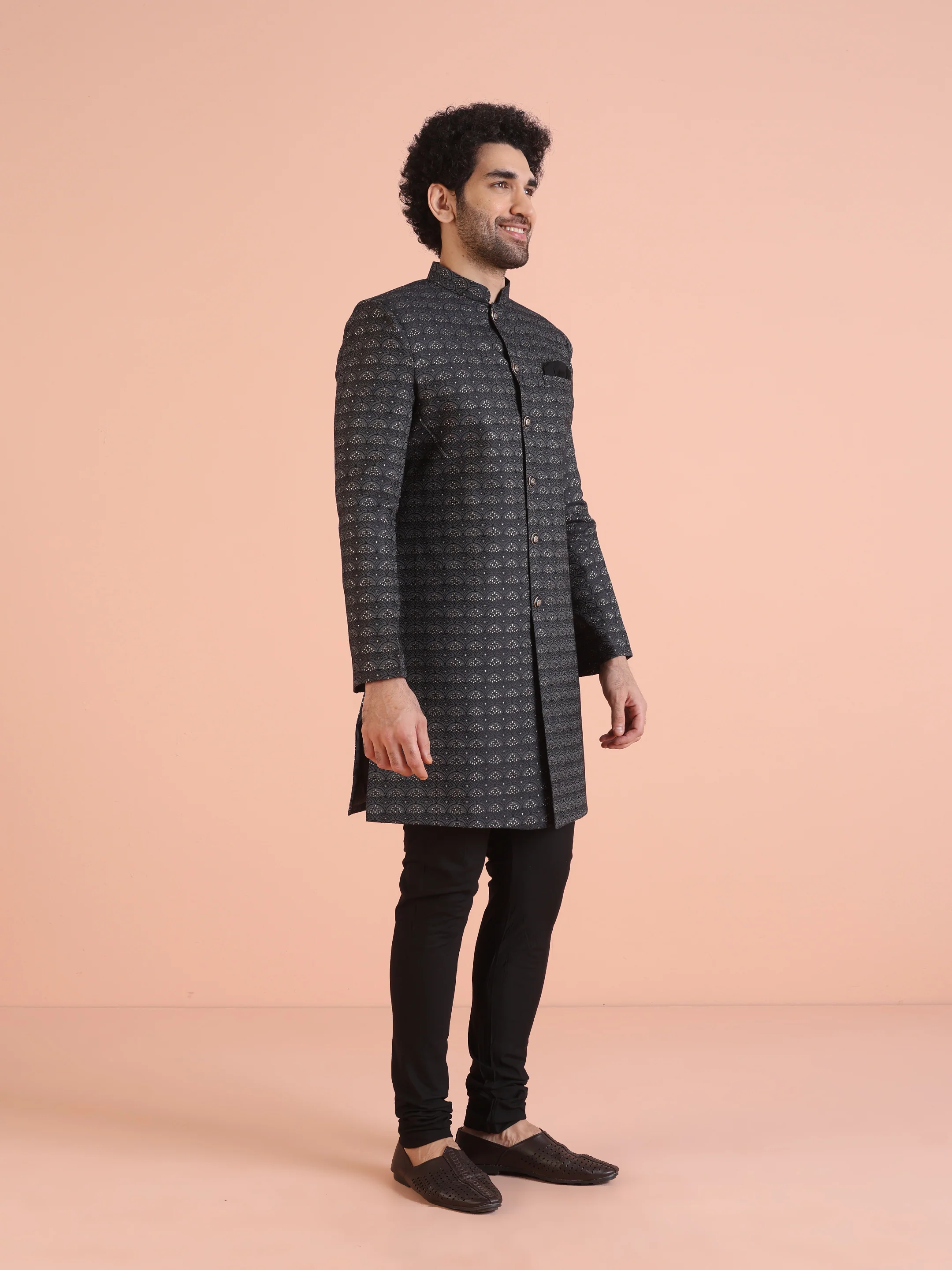 Men Black Jacquard Geometric Indowestern Churidar Set - Image 2