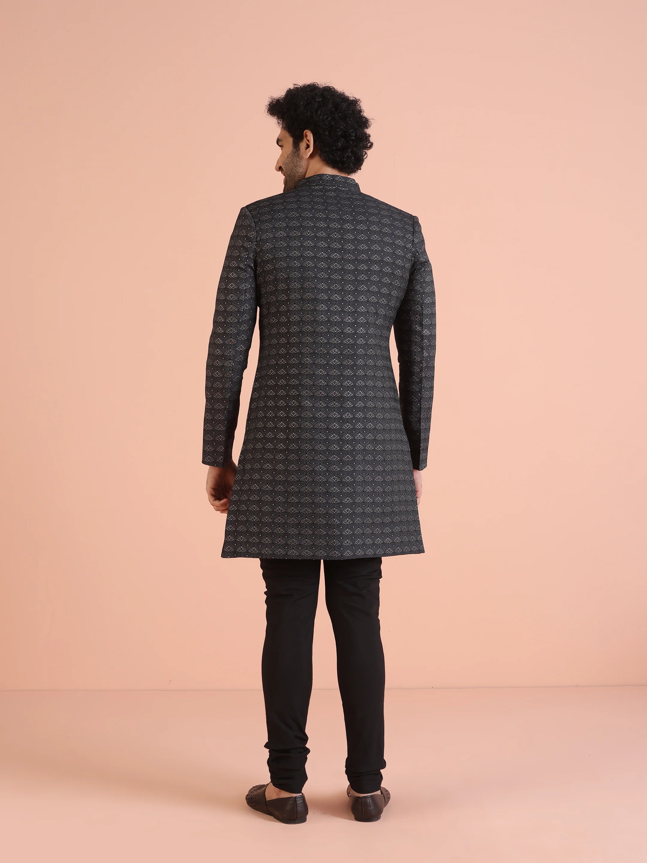 Men Black Jacquard Geometric Indowestern Churidar Set - Image 4