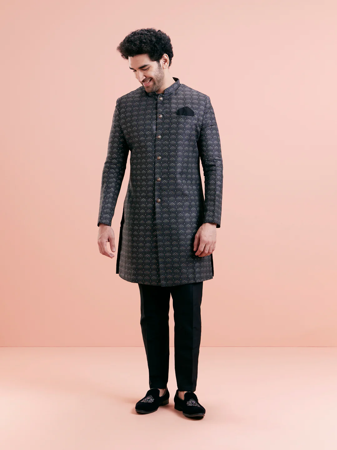 Black Cotton Silk Embellished Indowestern Kurta Trouser Set - Image 4