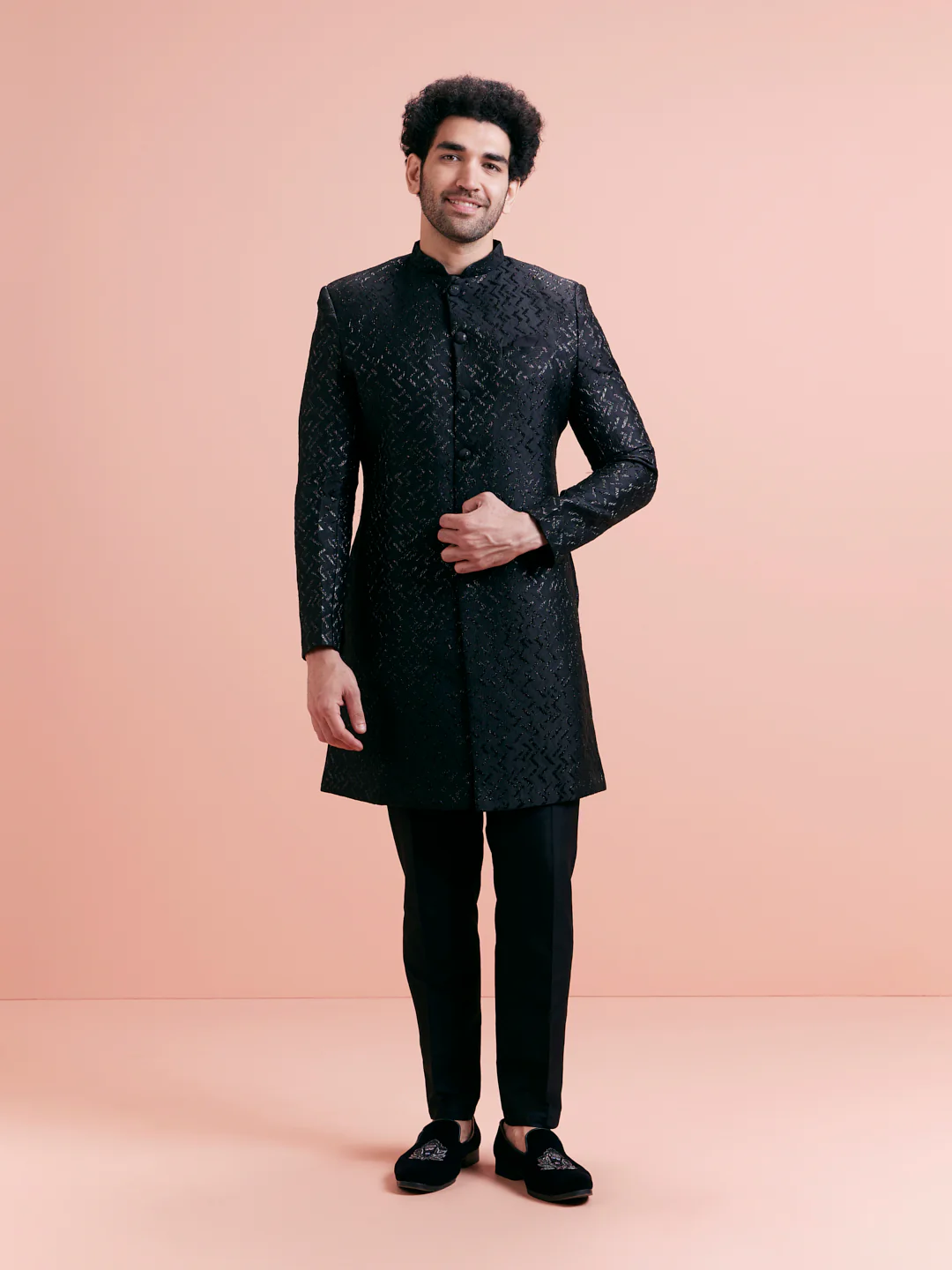 Black Jacquard Textured Sherwani Trouser Set - Image 2