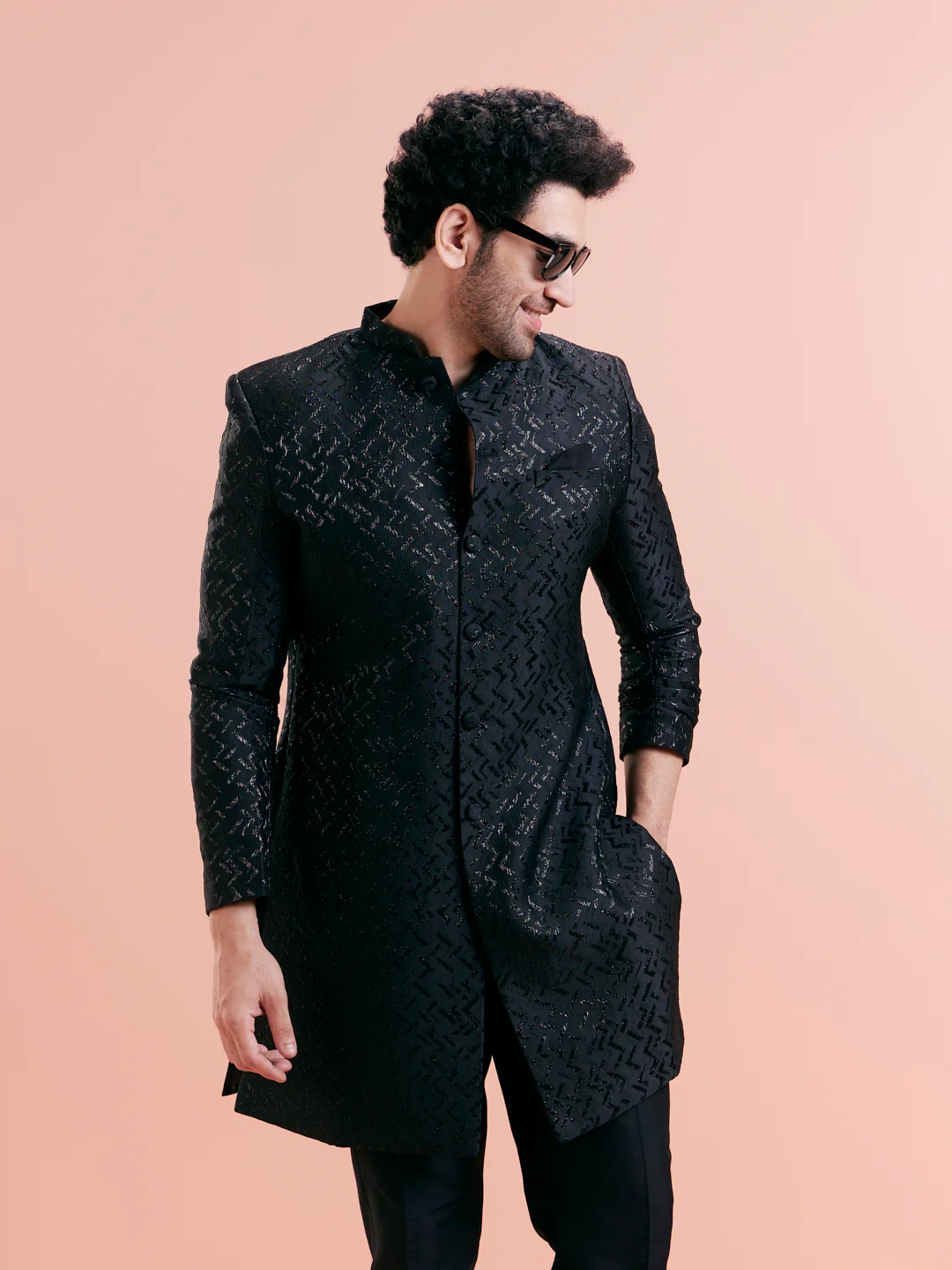 Black Jacquard Textured Sherwani Trouser Set - Image 5