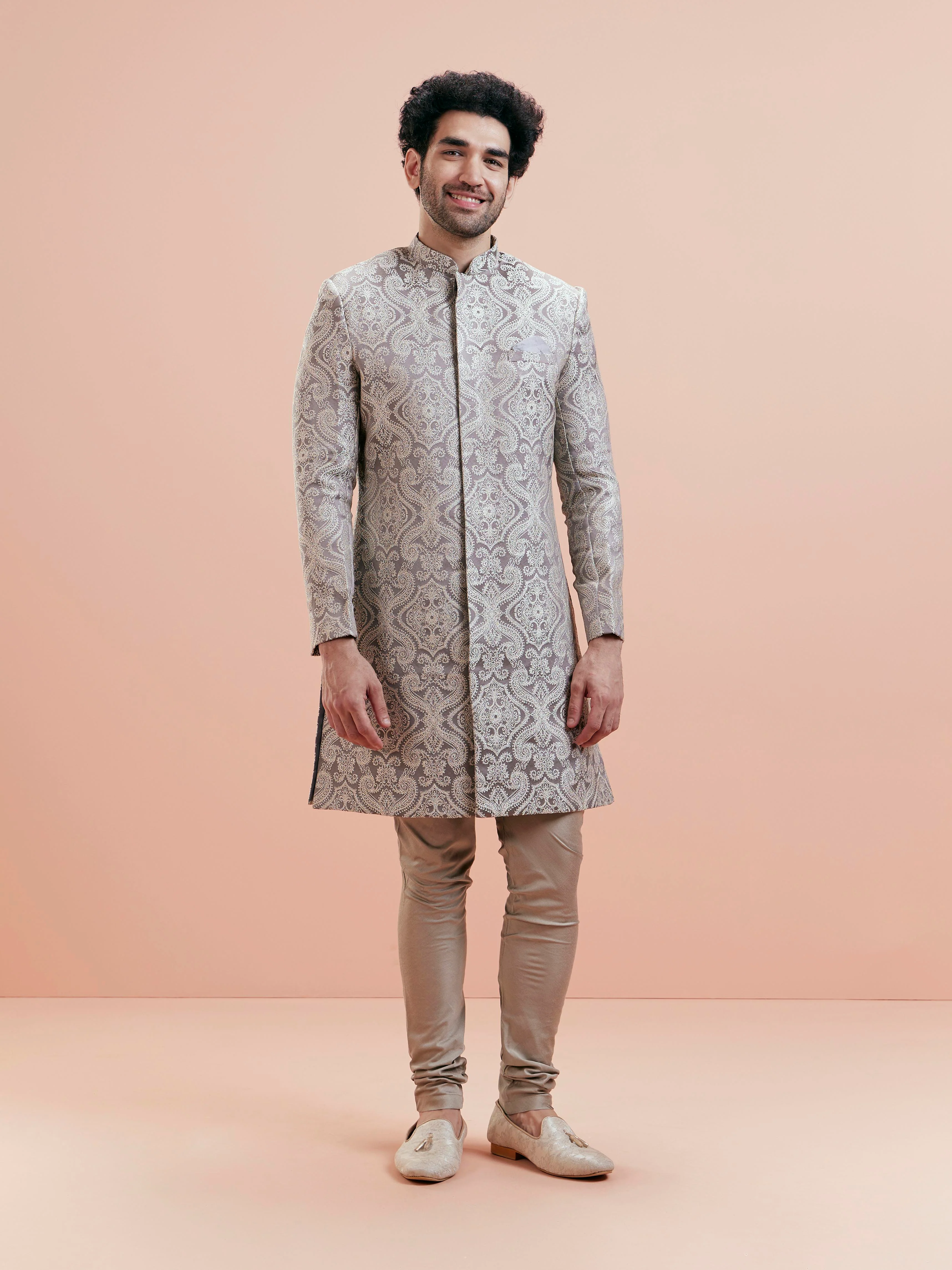 Grey Silk Blend Textured Sherwani Churidar Set - Image 2