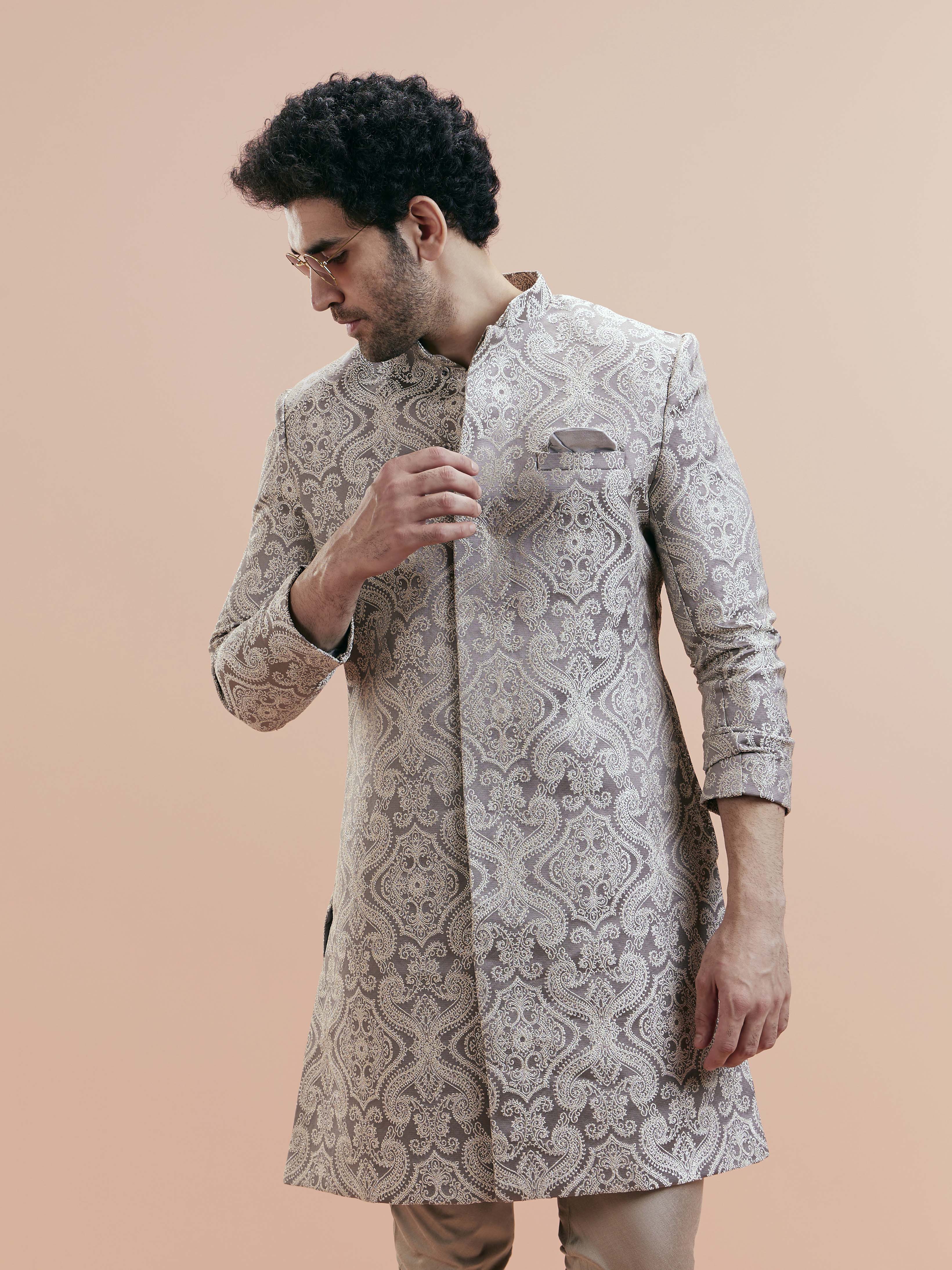 Grey Silk Blend Textured Sherwani Churidar Set - Image 5