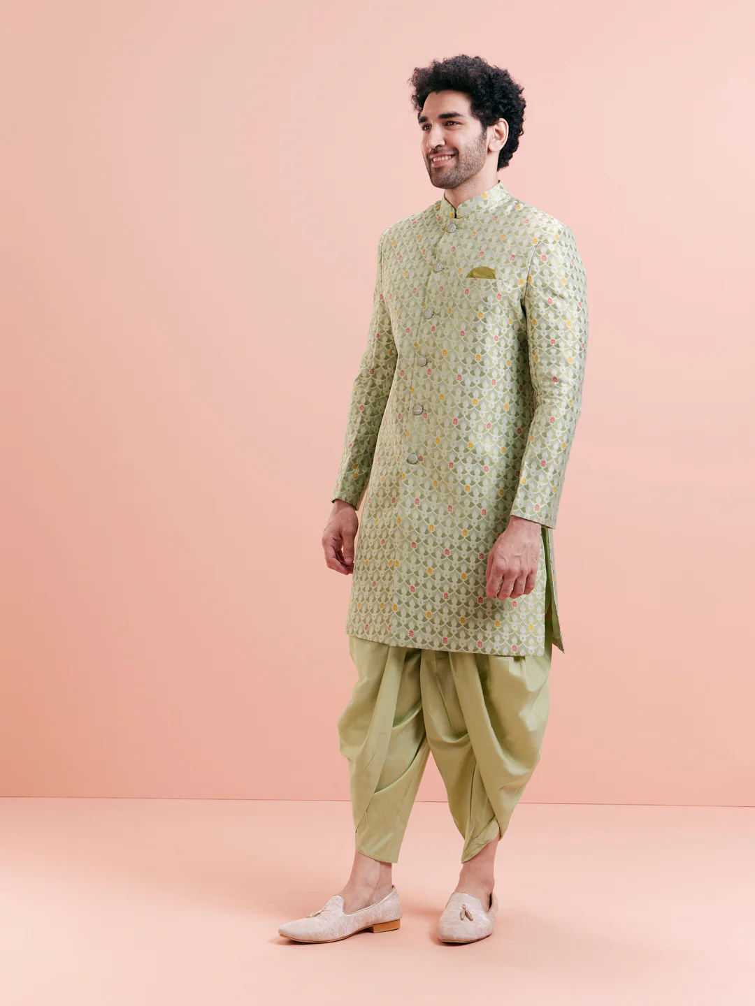 Green Silk Blend Textured Sherwani Dhoti Set - Image 2