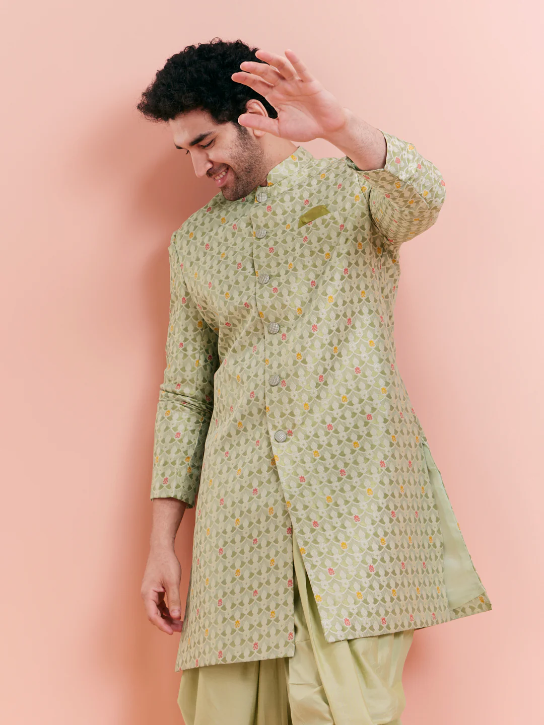 Green Silk Blend Textured Sherwani Dhoti Set - Image 5