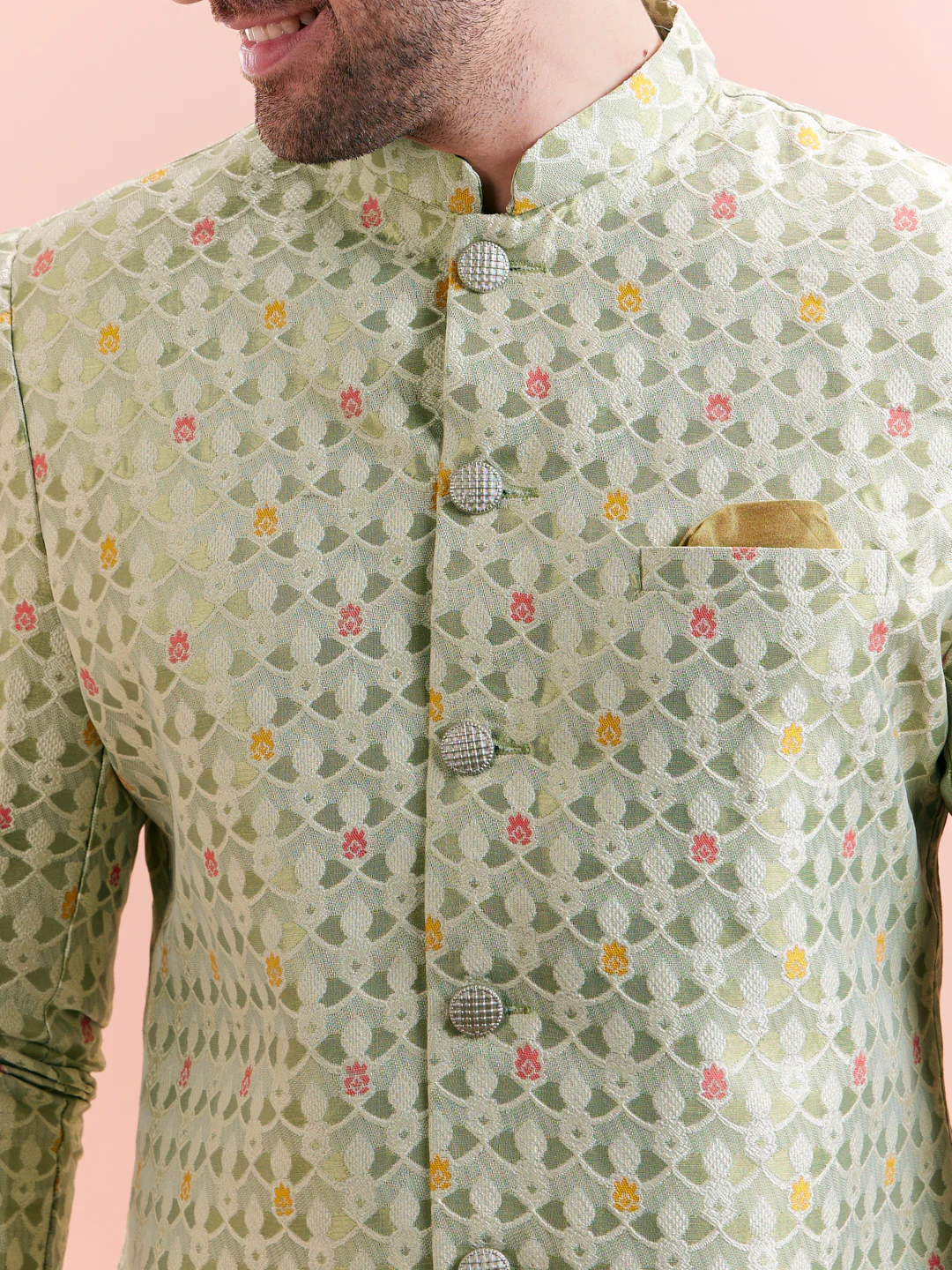 Green Silk Blend Textured Sherwani Dhoti Set - Image 6