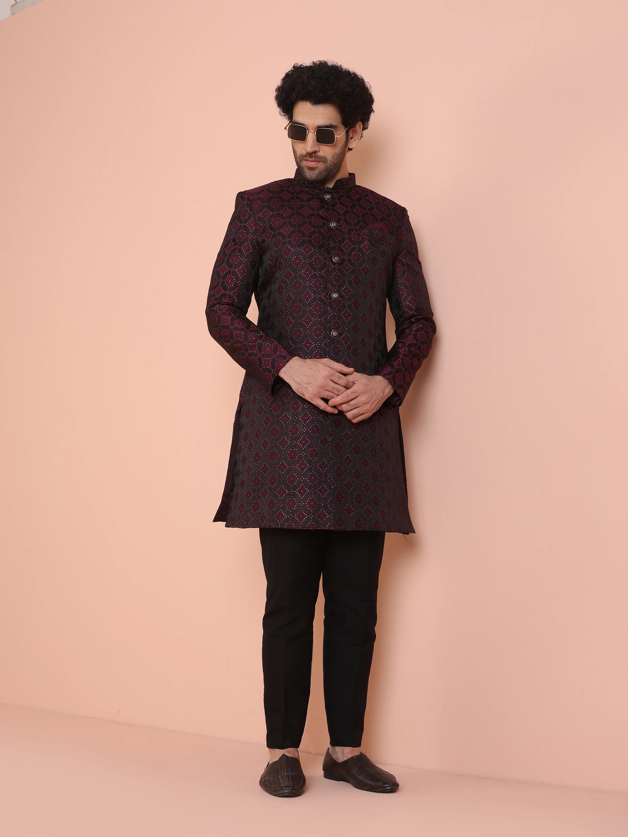 Men Purple Woven Design Indowestern Trouser Set